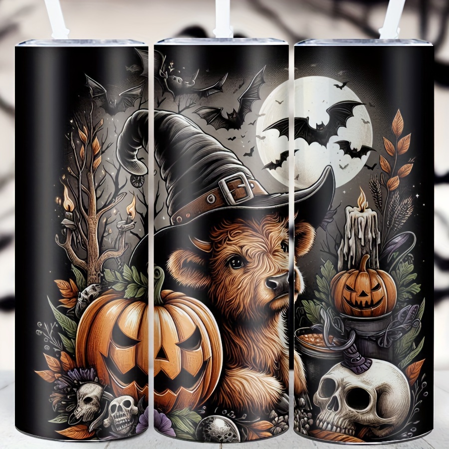 

20oz Themed Stainless Steel Tumbler With Straw, Highland Cow Pumpkin Bat Skeleton Print, Insulated Travel Coffee Mug For Outdoor Camping Car Use, Party Atmosphere Decor, Festive Holiday Gift - 1 Pack