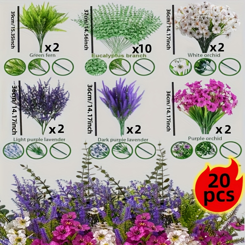 Image of 20pcs Anti-uv Mixed , Theme Outdoor Artificial Flowers, Lavender, Violet, Persian Fern, Eucalyptus Branches - Premium Plant Design, Non-fading Artificial Greenery