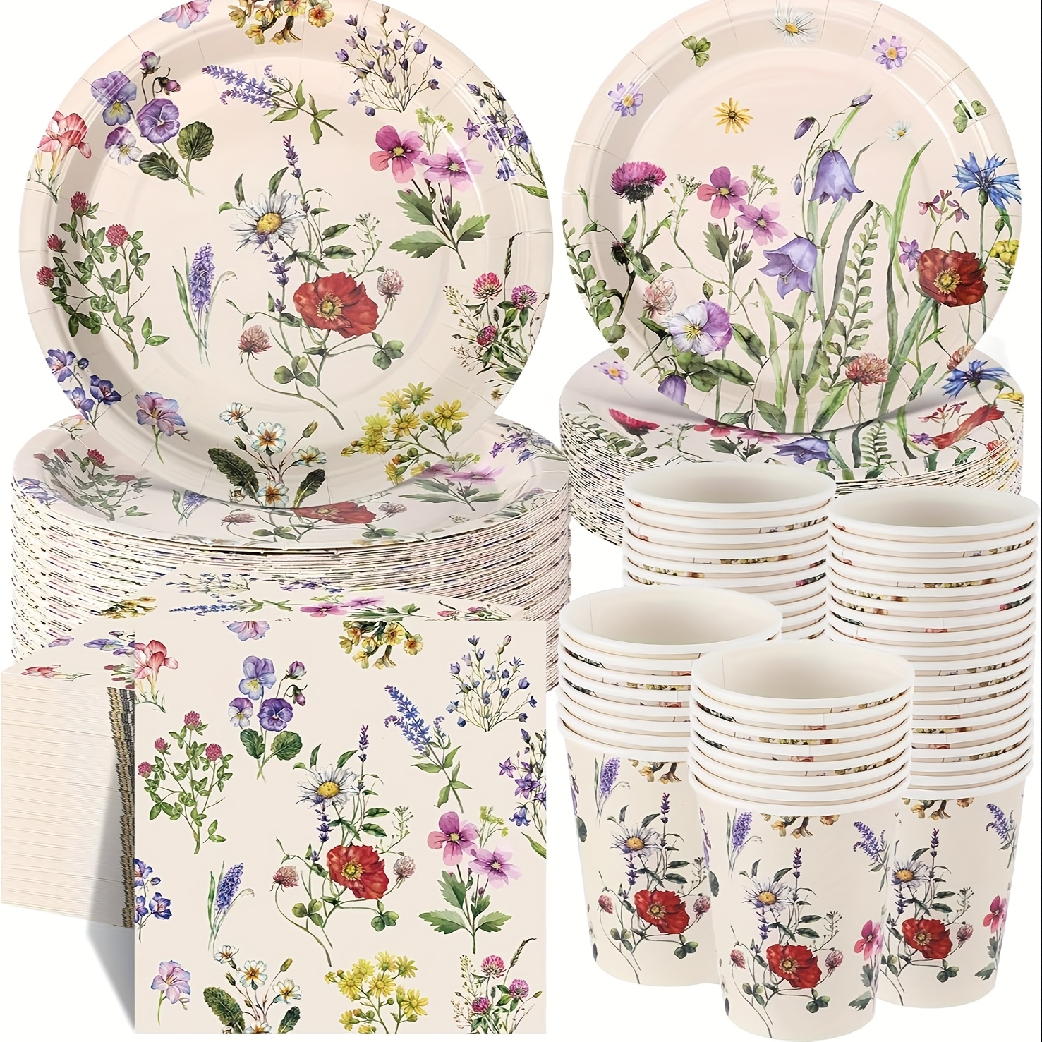 TEMU 250pcs Floral Disposable Tableware Set Spring Floral Paper Cups Plates And Napkins Baby Shower Decorations For 50 Guest (multicolor, Rustic Style)