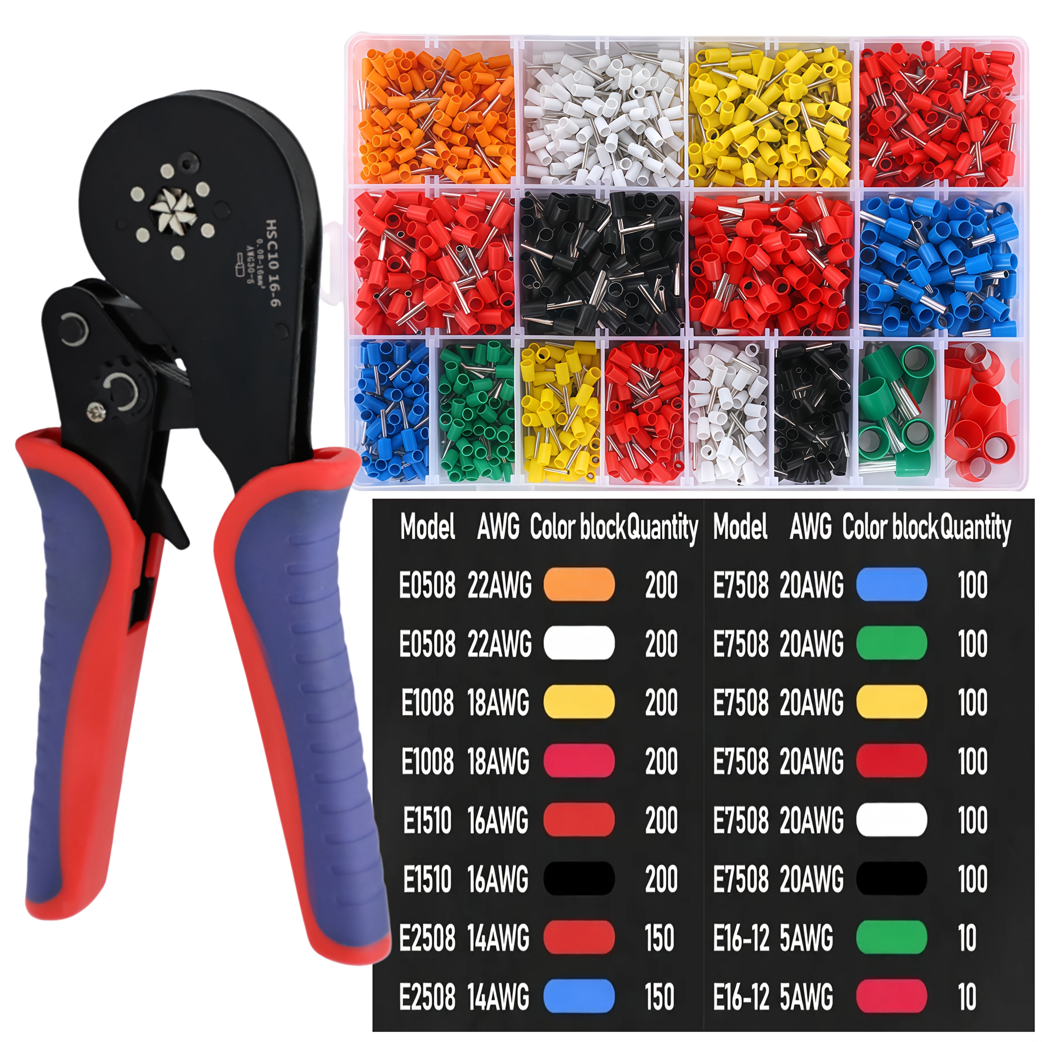 E-shop 2285-tlg. HSC10 16-6 Crimpzangen-Set, verschiedene Anschlussarten, Aderendhülsenzange, Sechskant-Crimpzange, geeignet für 0,08-16mm²/AWG30-5