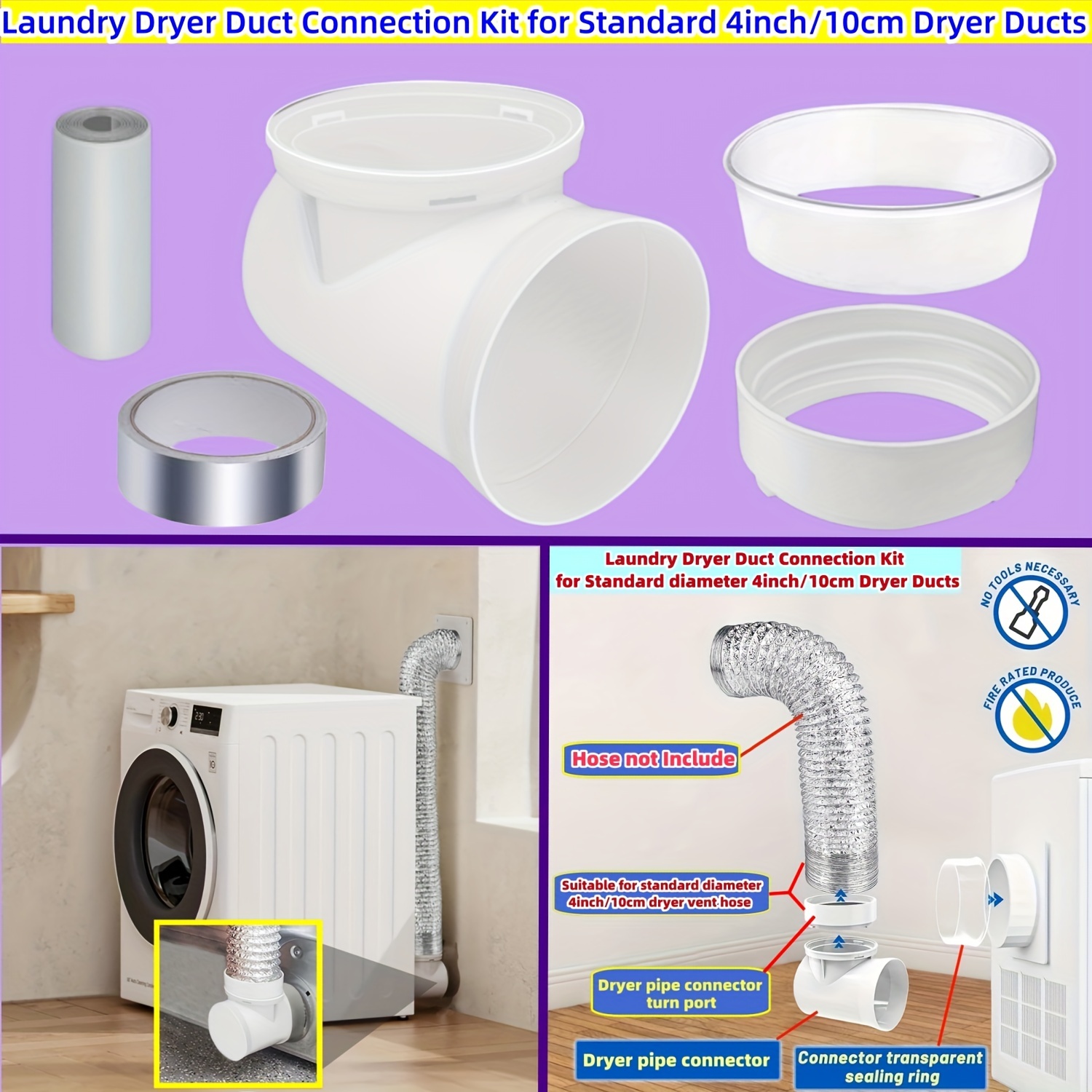 Kit Tuyau Évacuation SPARES2GO Pour Sèche-Linge - 4m, Ø100mm, Universel, Avec Collier Et Raccord