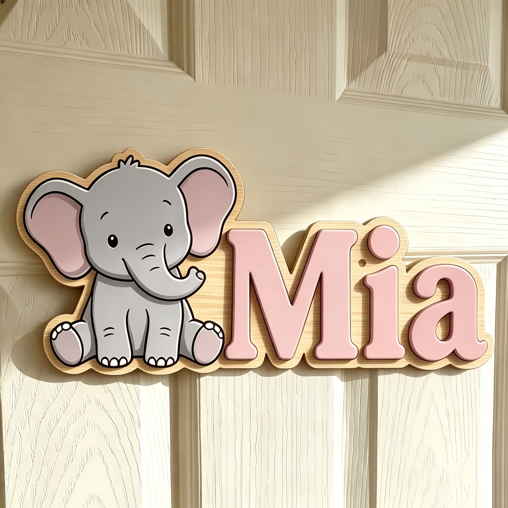 TEMU 25cm/9.84 Inch Custom Gentle Elephant Wooden Name Tag, Personalized Prairie Style 3d Letter Laser Cut Natural Wood Door Sign, Wildlife Wall