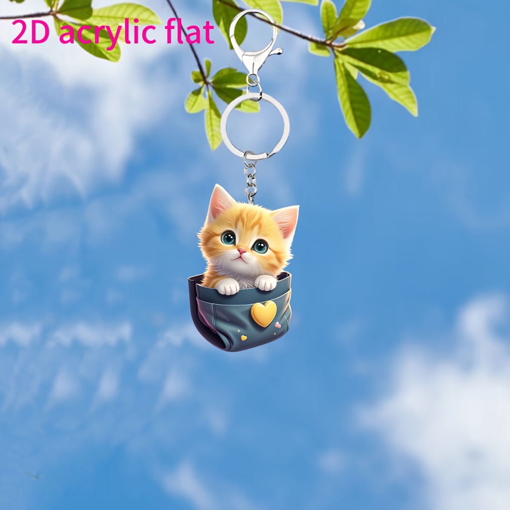 

1pc Cute Pocket Kitten Keychain, Flat Cat Key Ring, Animal Pendant, For Backpacks