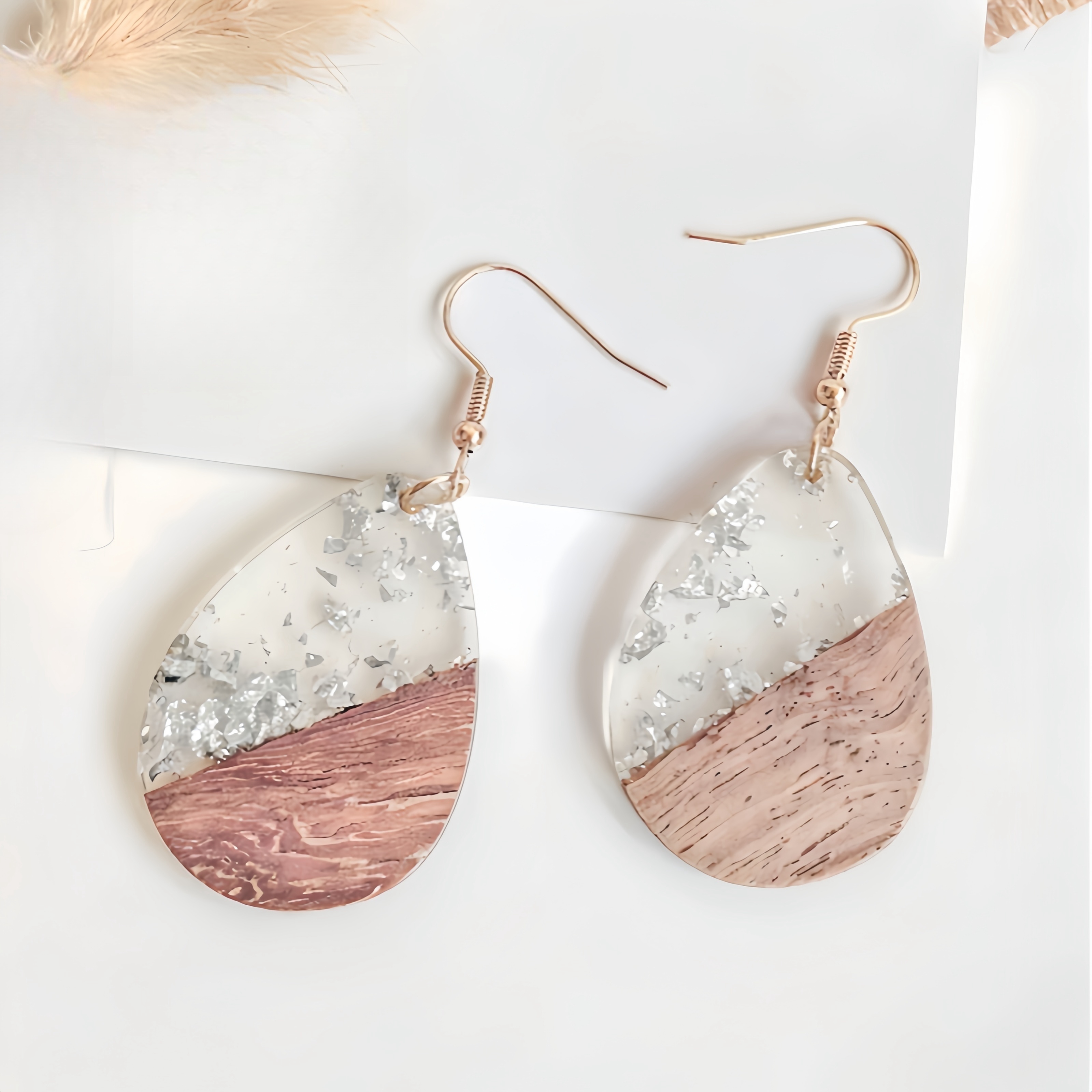 

Boho-chic Handcrafted Wood & Acrylic Teardrop Earrings - Nickel-free Copper Hooks, Perfect For Gifts & Vacations