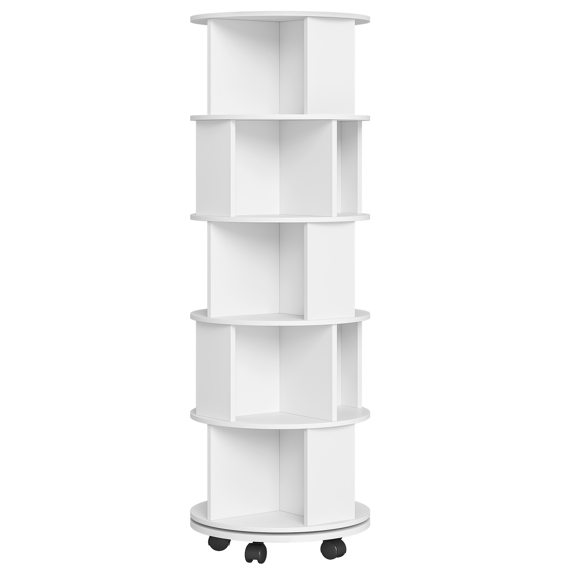 Rotating Bookcase, 360° Rotating Bookshelf With Wheels, 5-tier Storage Shelf, Spinning Bookshelf With Fixed Casters For Living Room, Study, Office, White