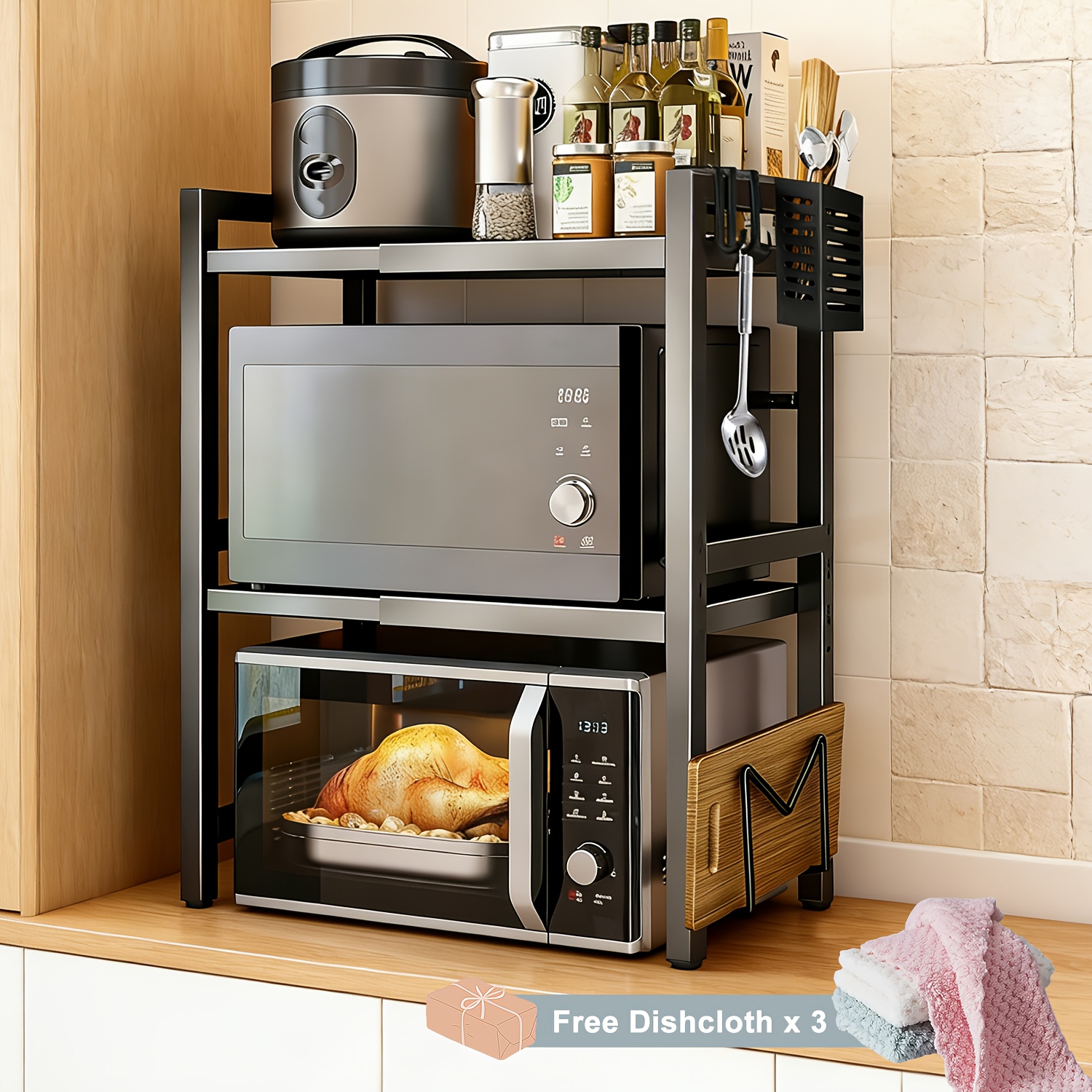 TEMU Expandable Microwave Oven Rack With A Carbon Steel Structure, Featuring 2 Or , 4 Hooks, And 3 Towel Bars. It With A Holder For Chopsticks, A