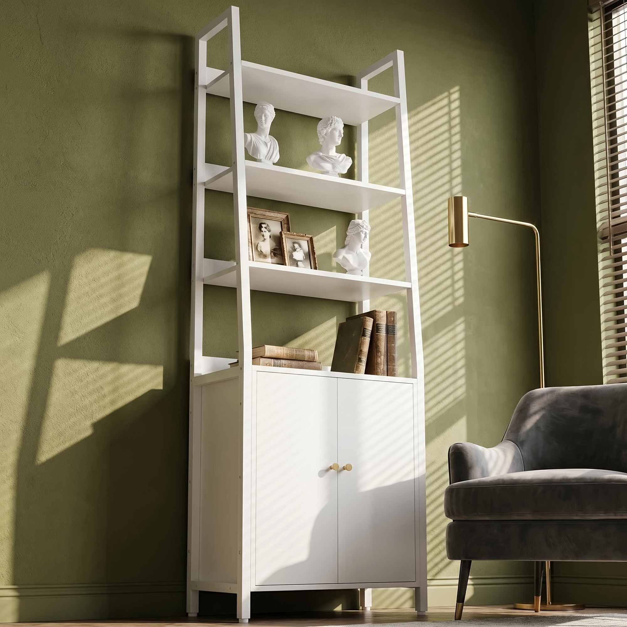 Image of Modern Trapezoidal Standing Bookcase, 171cm Tall And Narrow, With Doors, Offering Open And Closed Storage Options. Easy Matte End, Perfect For Living Room, Bedroom, Or Entryway Decor