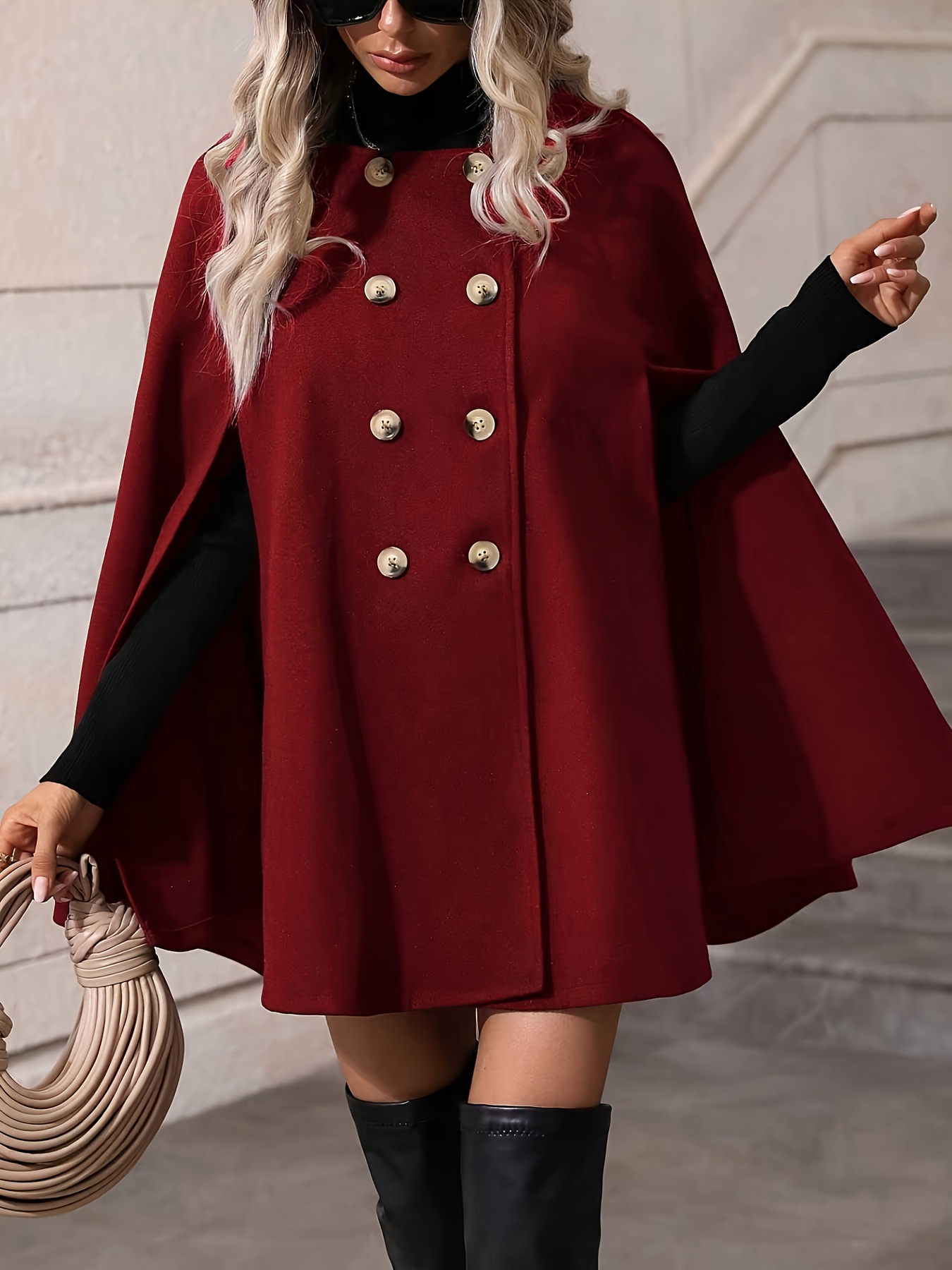 double breasted cape sleeve coat elegant solid color cloak Temu Oman