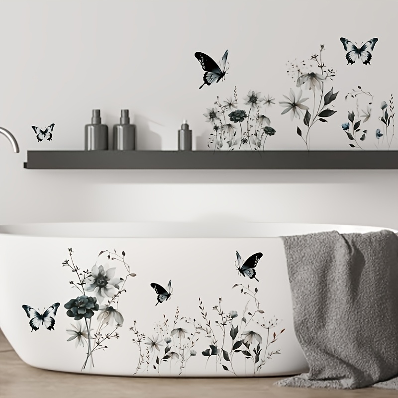 Image of Low-key Luxury Botanical Floral Bathtub Wall Sticker, Decorative Self-adhesive Mural For Hotel, , Office, Bathroom, And Toilet Background Walls, Removable Pvc Wall Decal