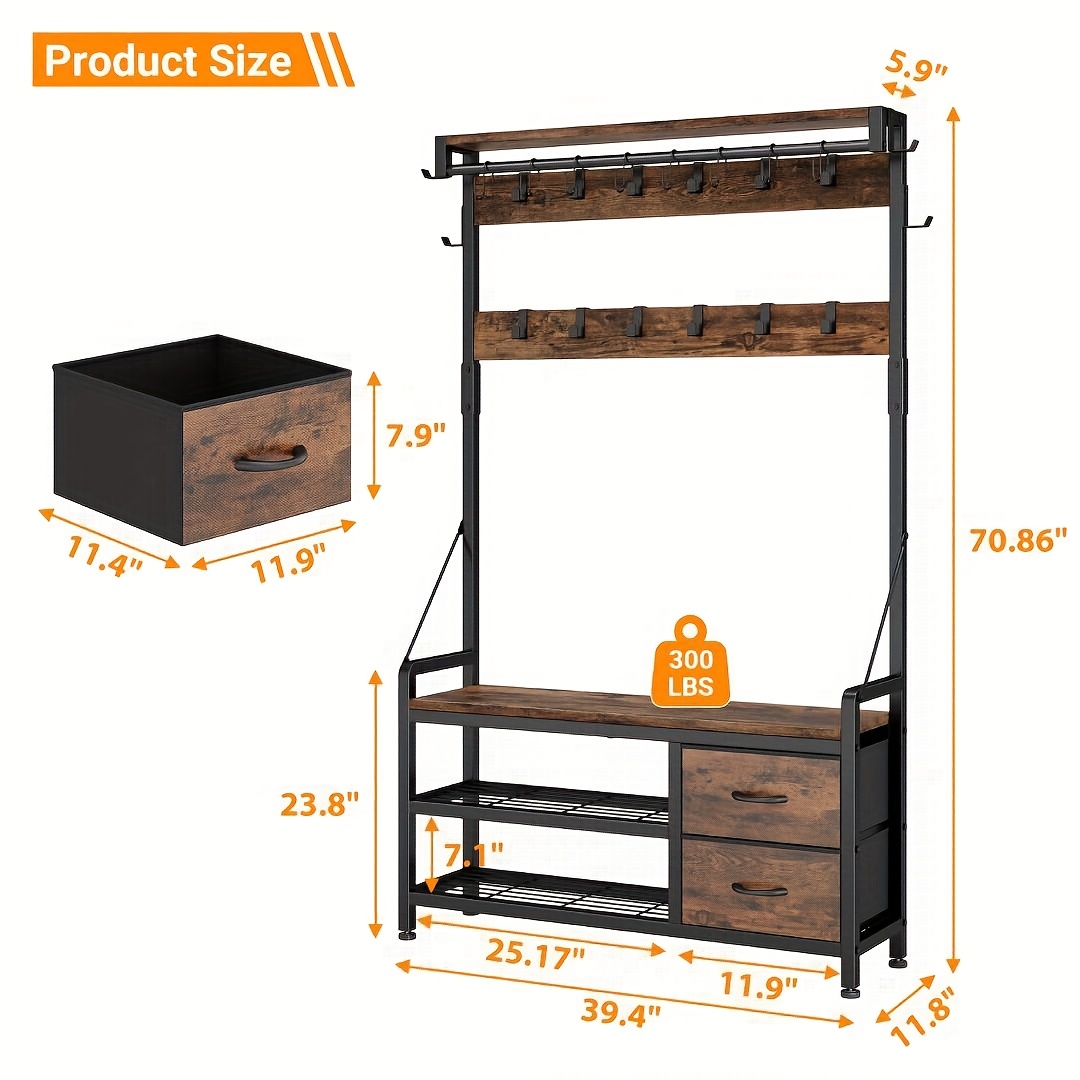 71'' Tall 6-in-1 Entryway Hall Tree - 24 Hooks & Shoe Bench