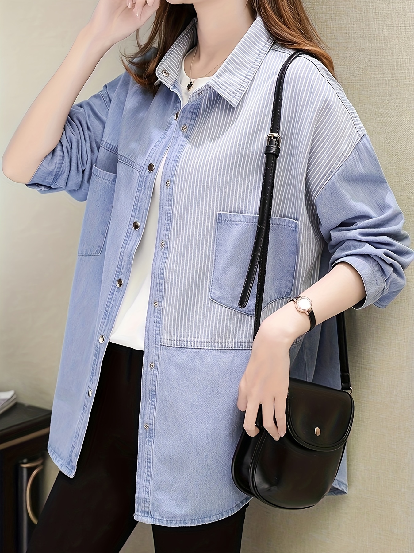 women's casual denim shirt striped long sleeve Temu Bahrain