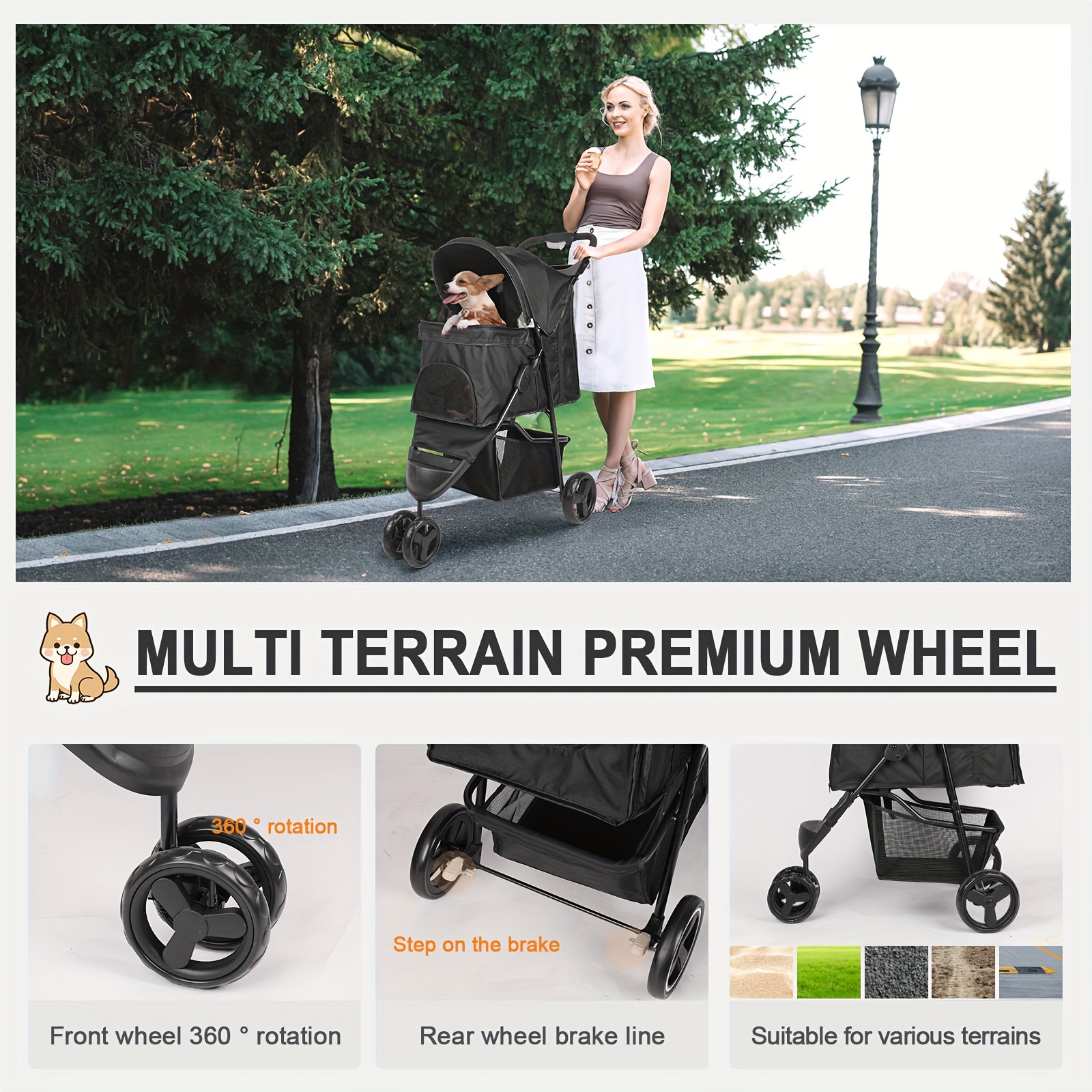 

[home ] Multi- Stroller For Small - Up To 33 Lbs, All-, 360° Rotating Wheels, Storage Basket & Cup Holder, Black, Dog Stroller