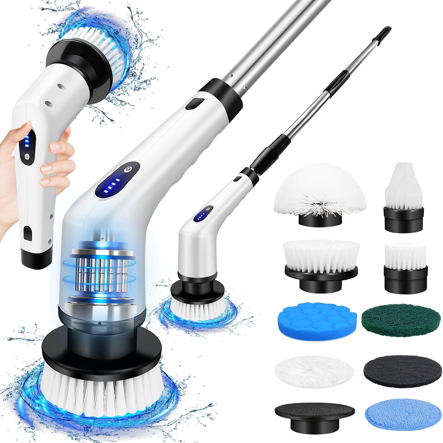 TEMU Brosse de nettoyage rotative électrique multifonctionnelle fil avec 2 vitesses, huit têtes de brosse remplaçables et une perche d'extension