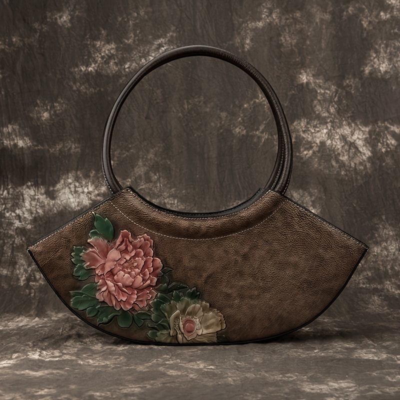 Vintage Floral Genuine Leather Handbag for Women - Lightweight Top-Handle Messenger Bag with Lace Embellishment, Adjustable Strap, Zipper Closure, from Guangzhou - Elegant Occasion with Positioning Printing And Paint