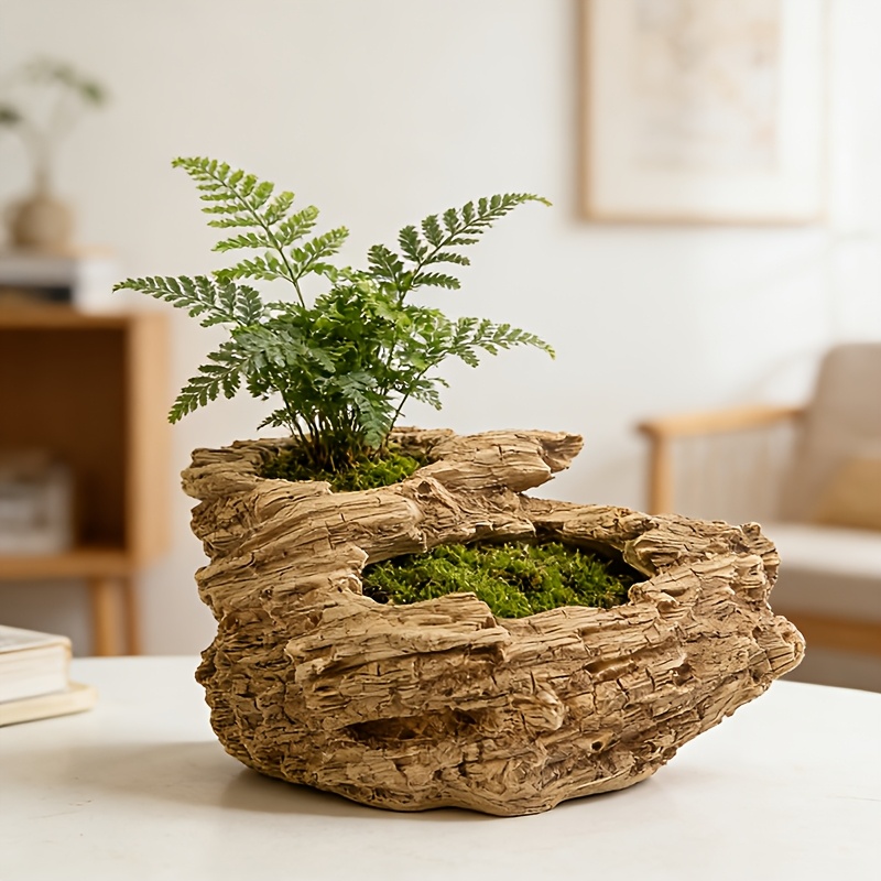 1件复古树根造型花盆 - 双孔树脂花盆，适用于户外/盆景、香草、仙人掌、微缩摆件，异形设计稳固耐用，家居办公装饰园艺礼品，家居装饰