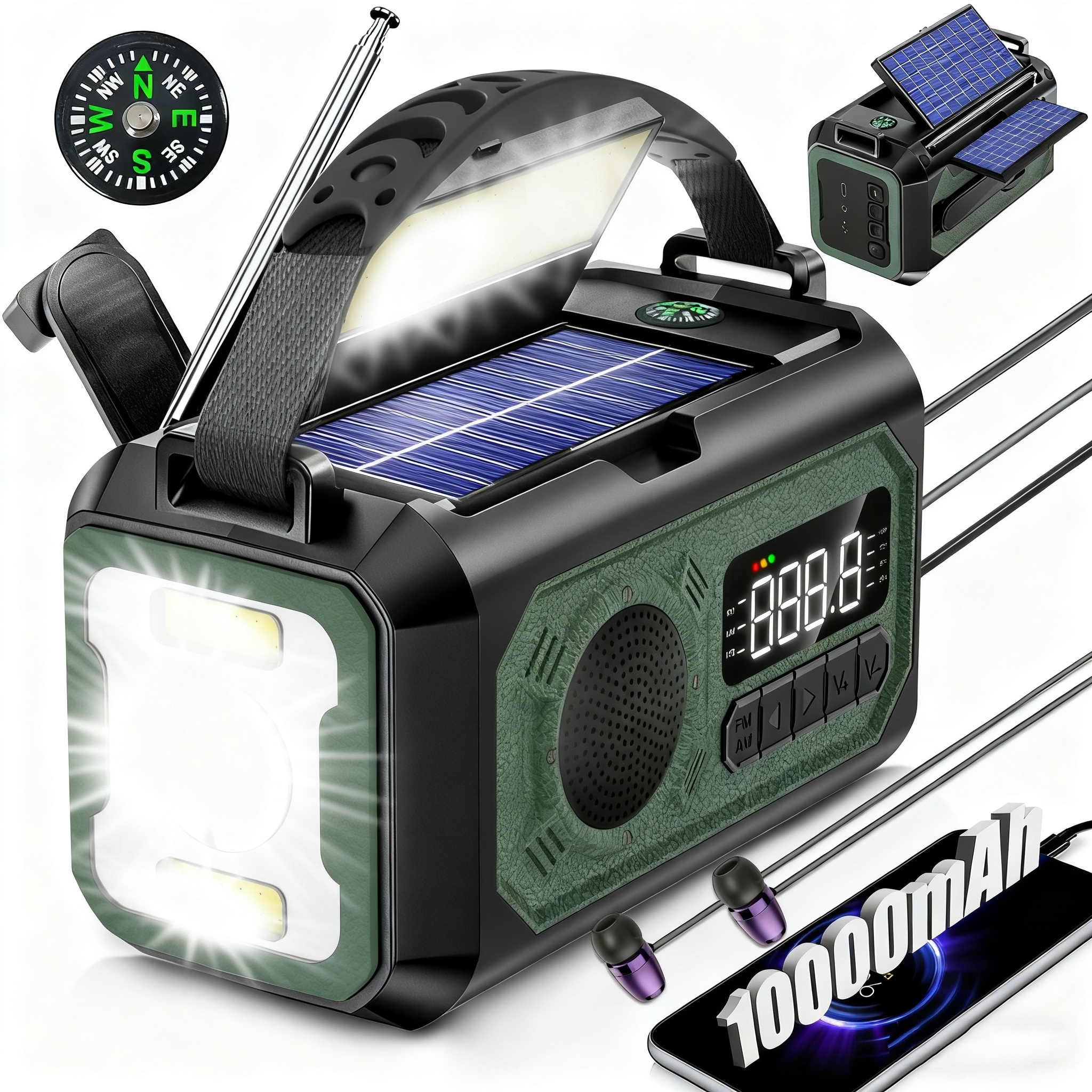 imagen del artículo radio meteorológica de emergencia 10000mah | radio solar portátil con manivela am/fm/  con 2 paneles solares, 3 métodos de carga, alarma sos, linterna de 3  , cargador de teléfono,  , lámpara de lectura | pantalla led  , alimentación por batería/usb de   uso, ipx-4