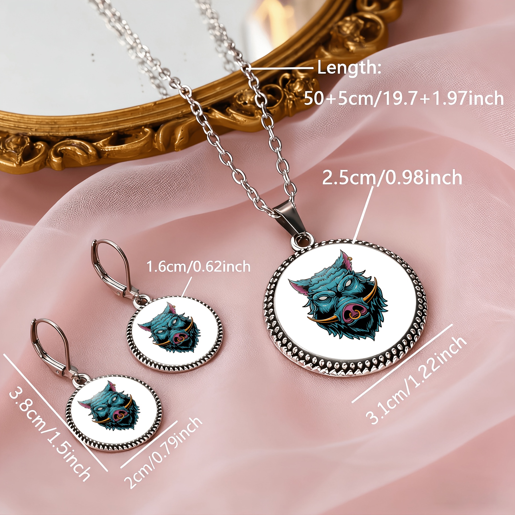 3pc Classic Round Glass Necklace & Earrings Set, Majestic Design