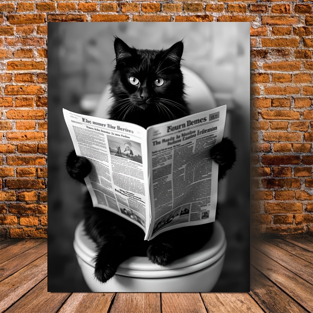 E-shop 2D Flach, 11.8x15.7 Zoll Gerahmter Leinwanddruck - Schwarze Katze auf der Toilette beim Lesen einer Zeitung, Humorvolle Badezimmer-Wandkunst,