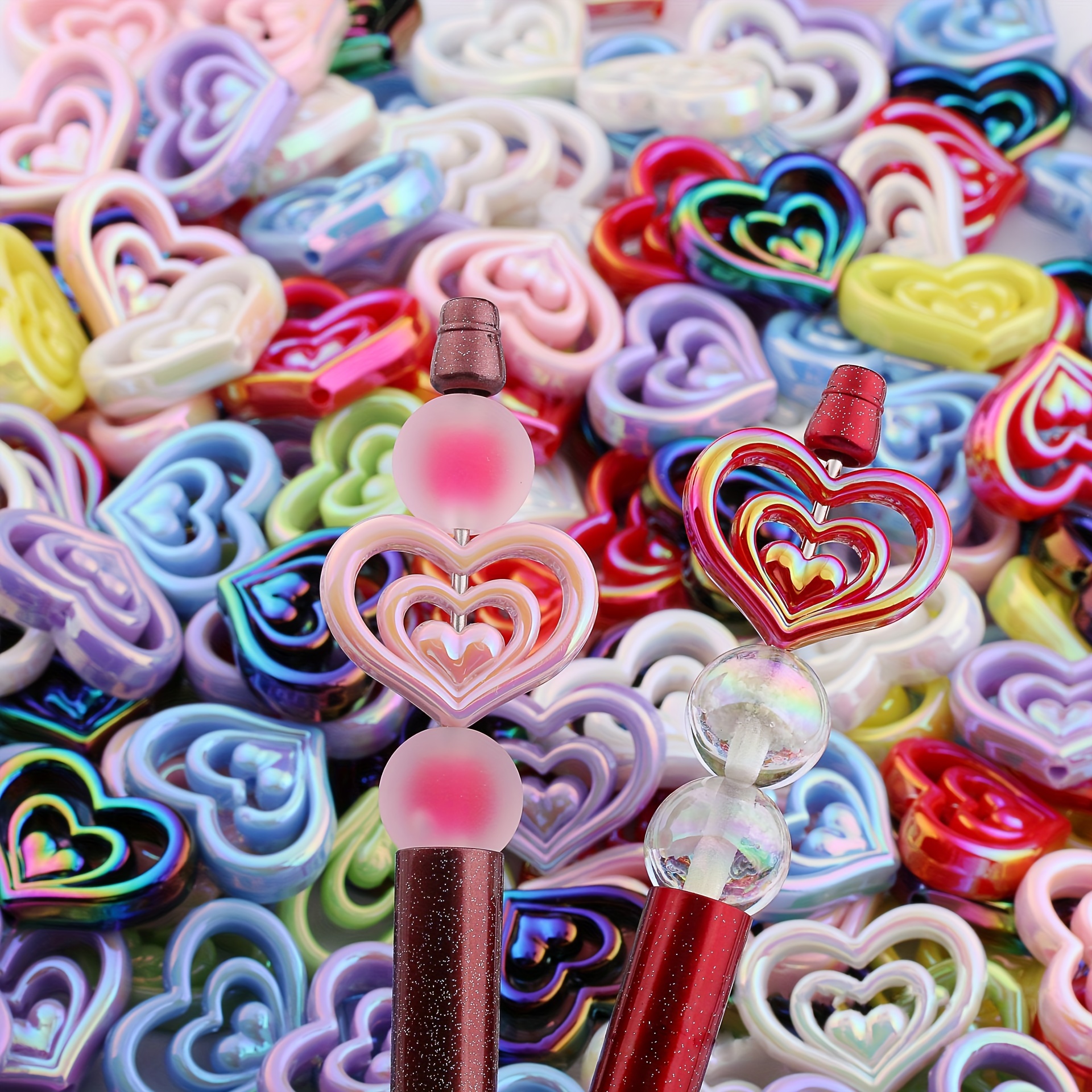 

Mixed 50pcs Acrylic Uv Plated Hollow Heart Beads Diy Beaded Pen Keychain Jewelry Accessories Random Color Decorative Beads