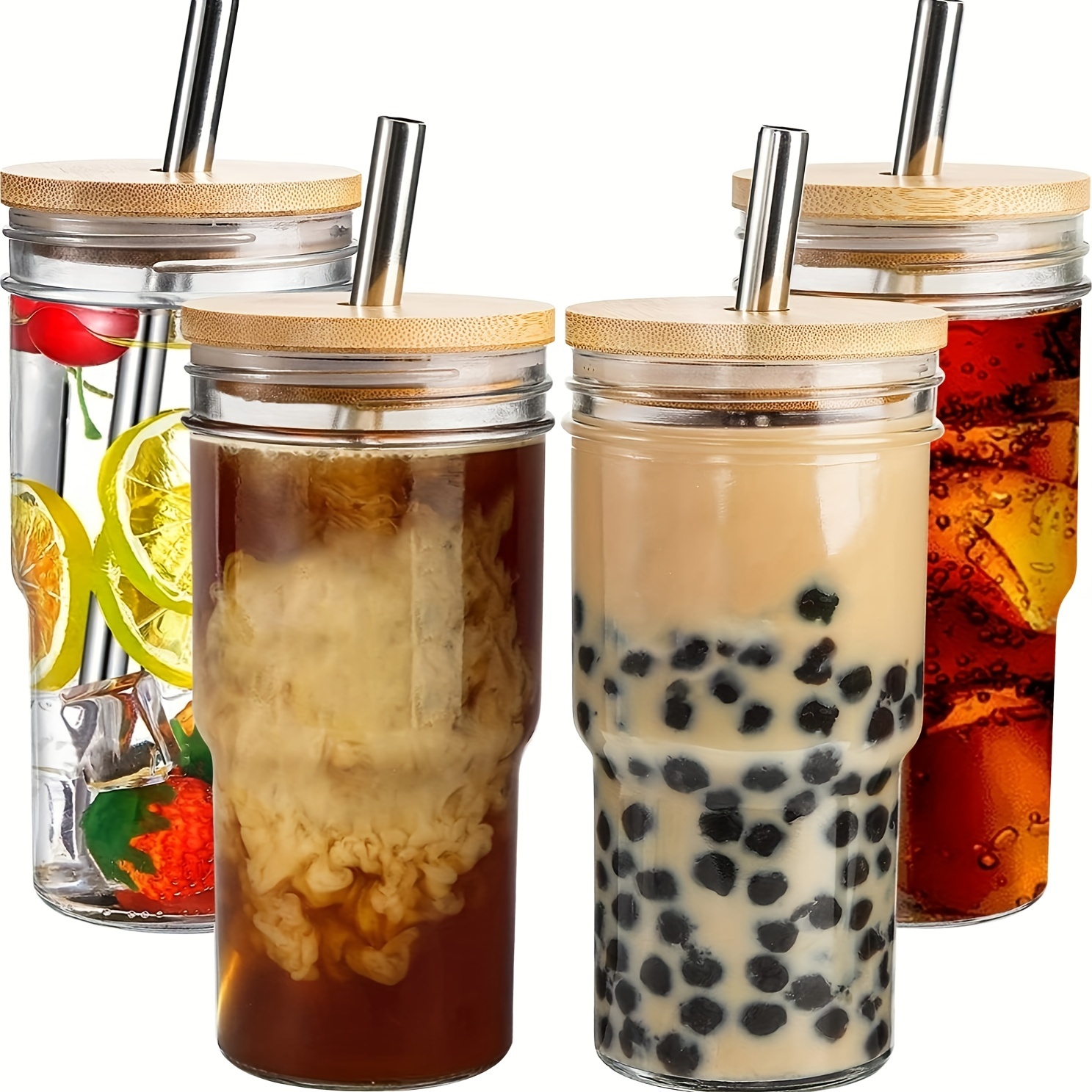 

1pc Mason Jar Drinking Glasses With Bamboo Lid And Stainless Steel Straw, 24.2oz/22oz, Wide Mouth Smoothie Cups, Reusable Beverage Containers For Iced Coffee, Pearl Milk Tea, Juice, Water
