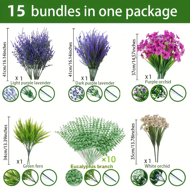 15/22pcs Of Elegant Lavender, Violet, Persian Fern, Eucalyptus Branches And Other , Theme Outdoor Artificial Bouquet - Uv Resistant, Non-fading Artificial Greenery, Including Purple, White Flowers And