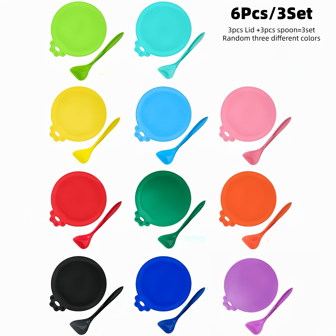 Image of Random Colors 6pcs/3sets Silicone Pet Food Can Lid With Spoon, 3 Sizes Universal Fit, Reusable Seal For Wet Food Cans, Keep , Pet Feeding Spoon