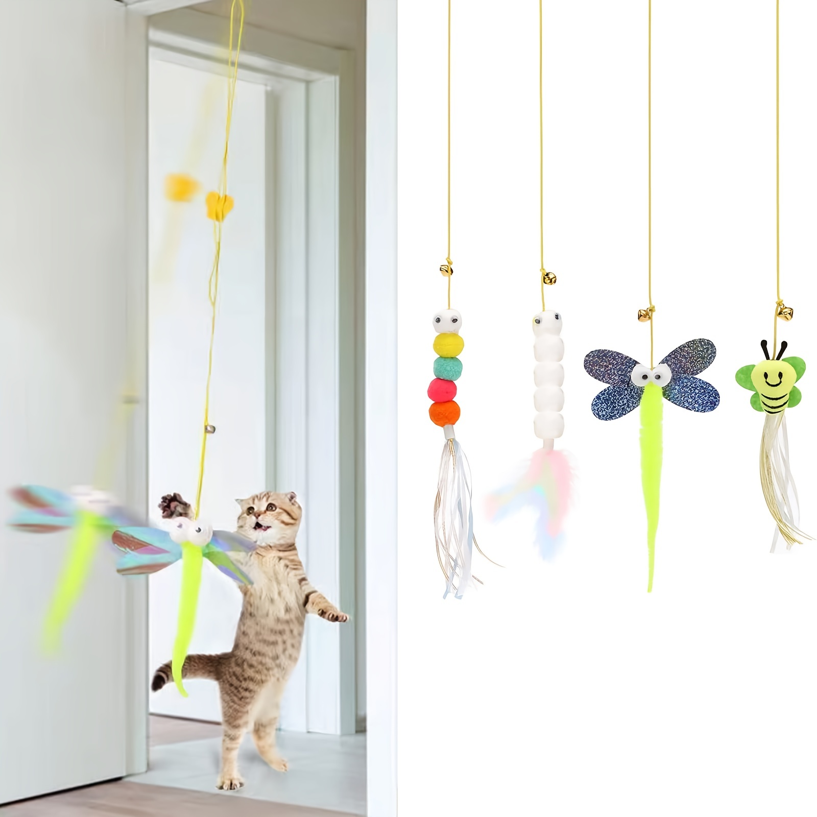 

4pcs Hanging Cat Toy - Retractable And Hanging Cat Door Toy For Indoor Cats Including Feather , Dragonflies, Caterpillars, And Fuzzy Bees Self-play, Exercise, And Play