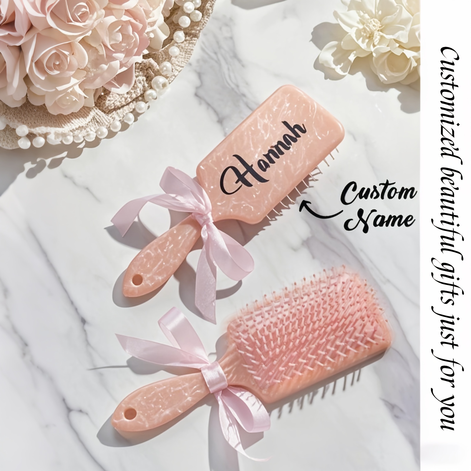 TEMU 1pc Brosse à Cheveux Personnalisée avec Logo Nom - Peigne Carré avec Coussin et Manche, Peigne avec Nœud, Brosse de Massage du Cuir Démêlante