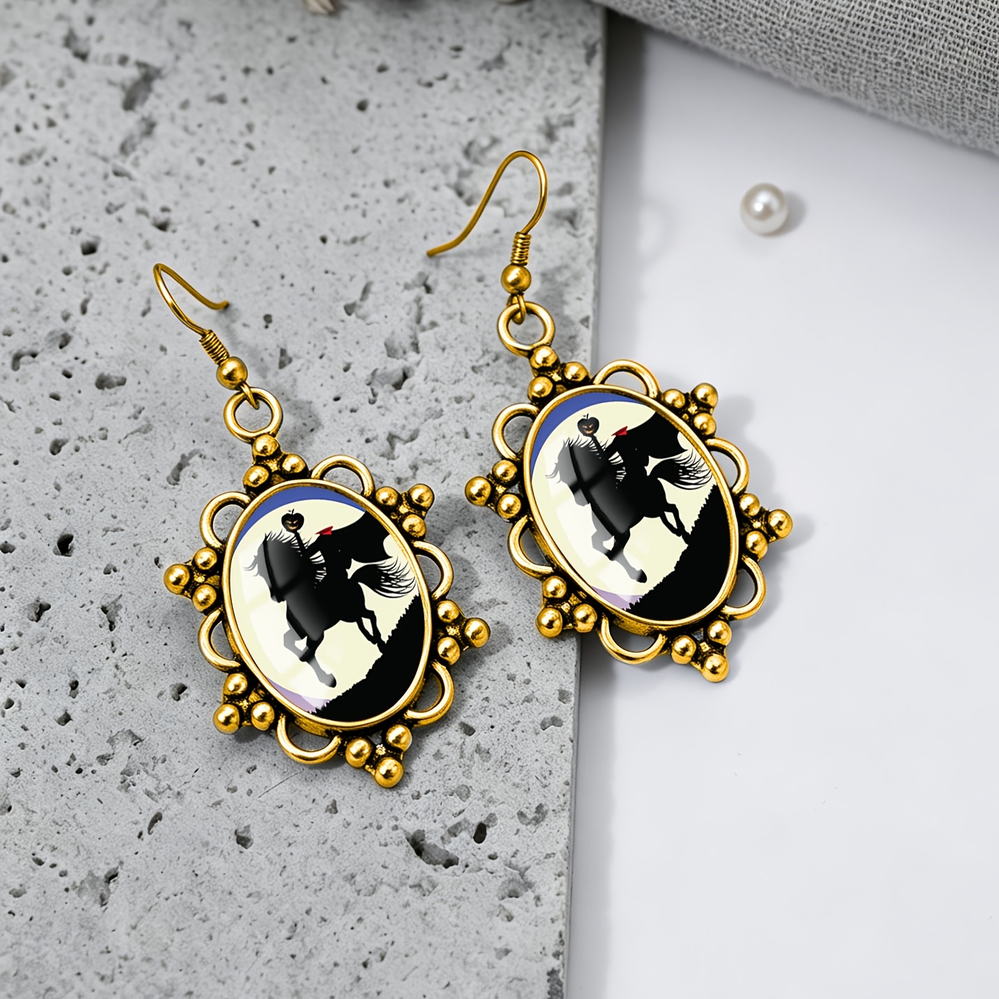 Dark Headless Knight Pattern Oval Earrings, Gothic Style