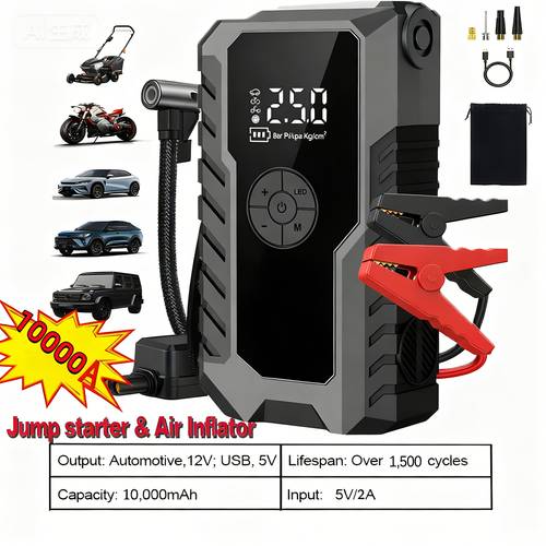 item picture portable emergency starter 5000a 10000a 150psi car charger usb type c led emergency lighting 8l gasoline 7l fast charging rechargeable lithium polymer batter holiday gifts suitable as christmas gifts and halloween gifts