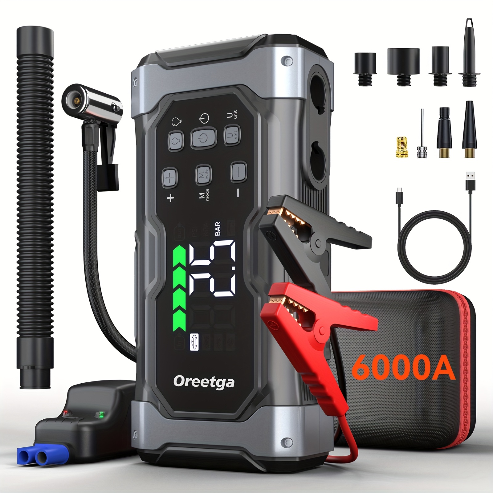 

6000a Car Battery Jump Starter - Portable Power Pack With Extended Smart Jumper Cables, , Large Display, Led Lights, And Safety Protections For 10.0l Gas And 9.0l Diesel Engines