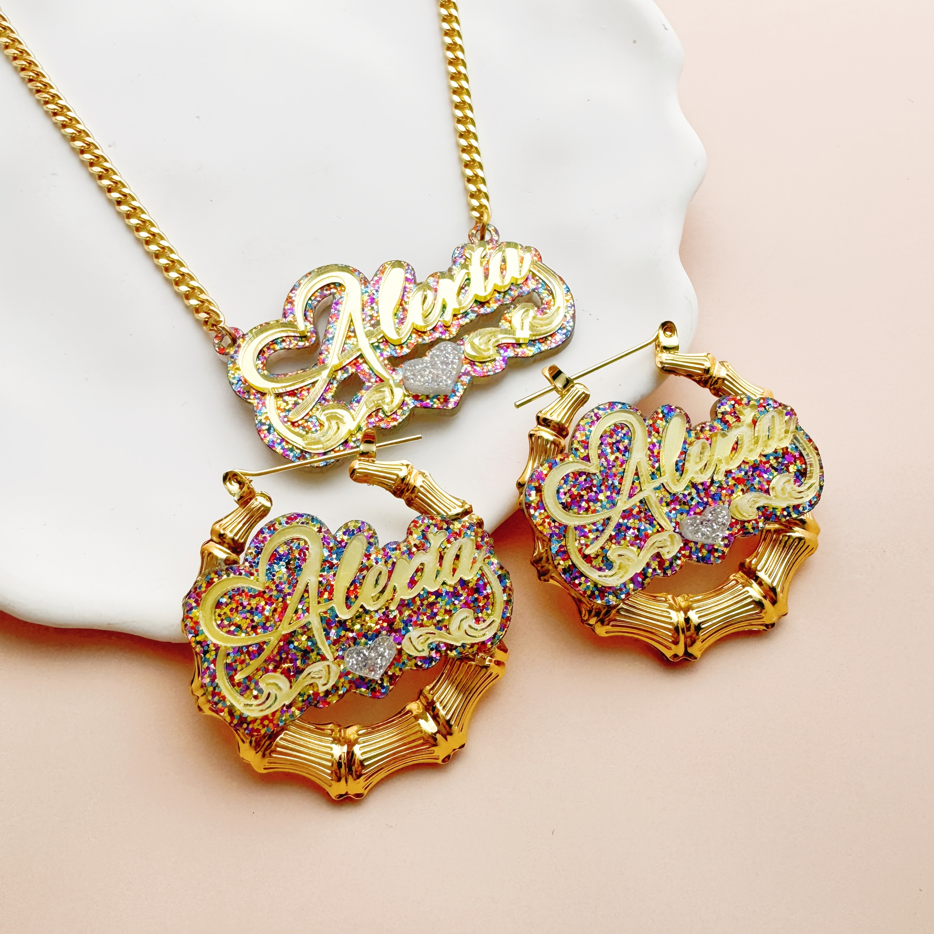 TEMU Personalized Name Jewelry Set Elegant Acrylic Necklace & -inspired Earrings Perfect Gift For Women And Ideal For Birthdays Christmas Valentine's