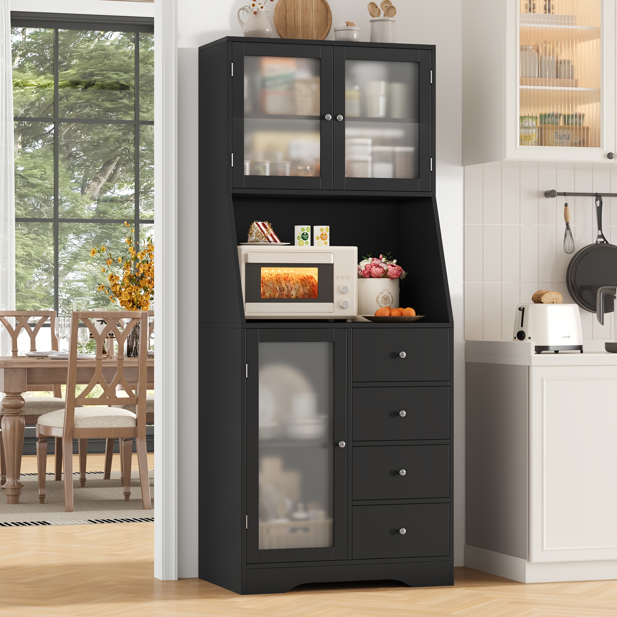 Kealive Kitchen Storage Cabinet, Black Sideboard With Microwave Stand, Kitchen Pantry With 3 Doors And 4 Drawers, For Living Room, Dining Room, Black