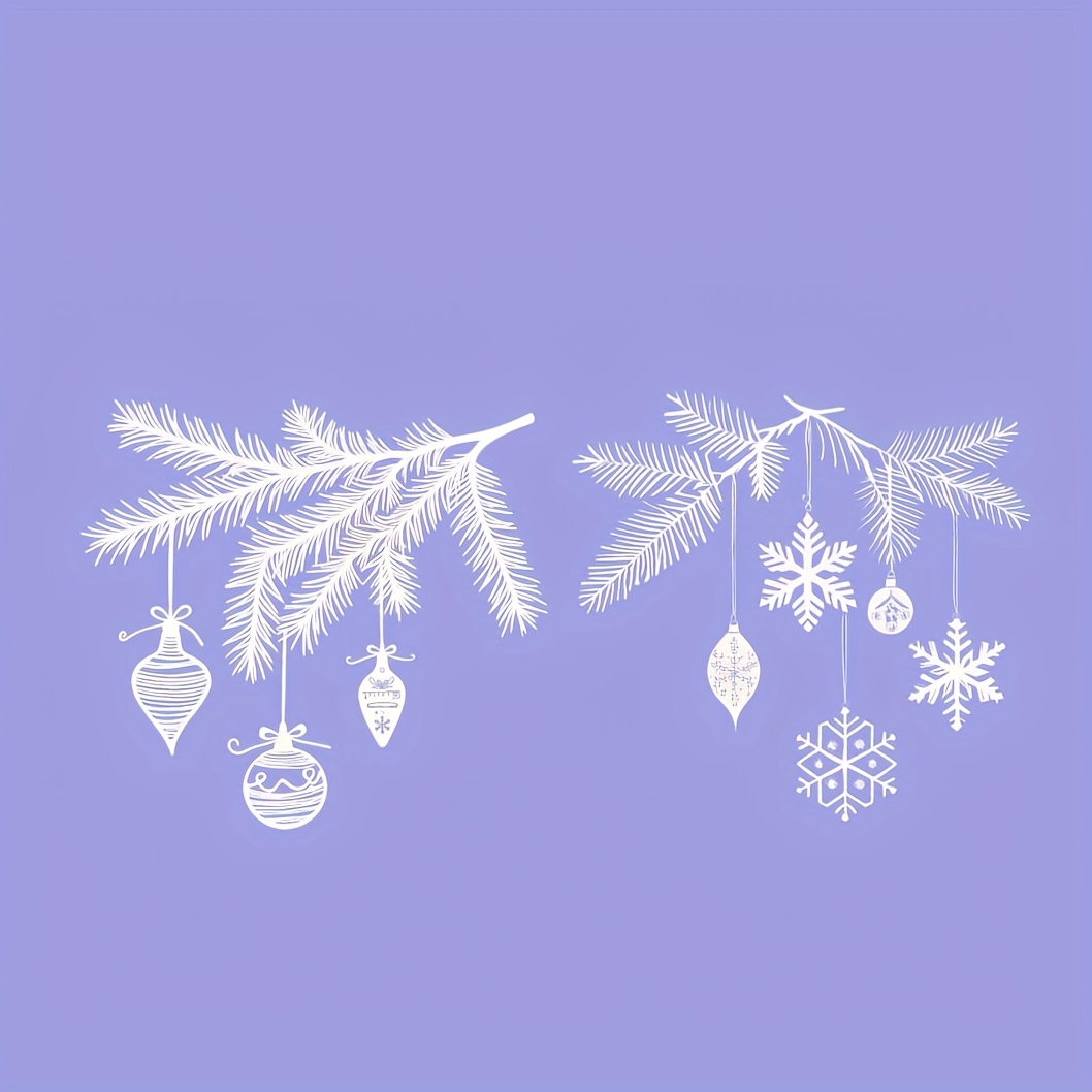 Image of Christmas Pine Branch Wall Decorations, White Silhouette Style Window Stickers, Minimalist Pendants, White Hollow Designs, Festive Atmosphere Glass Stickers, Self-adhesive And Removable