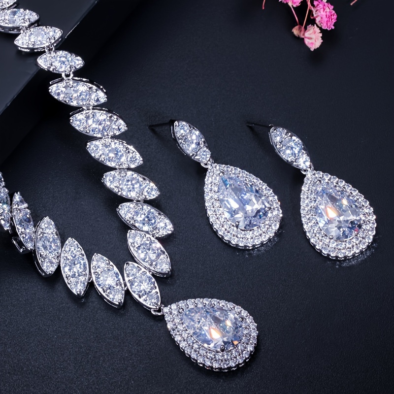 elegant 3pcs jewelry set for women luxurious   pendant necklace dangle earrings with sparkling synthetic zirconia   weddings parties details 12