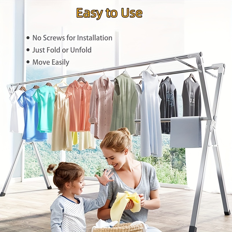 79 inches clothes drying rack free of installation stainless steel garment rack adjustable and foldable space saving laundry drying rack for indoor outdoor with 20 windproof hooks details 7