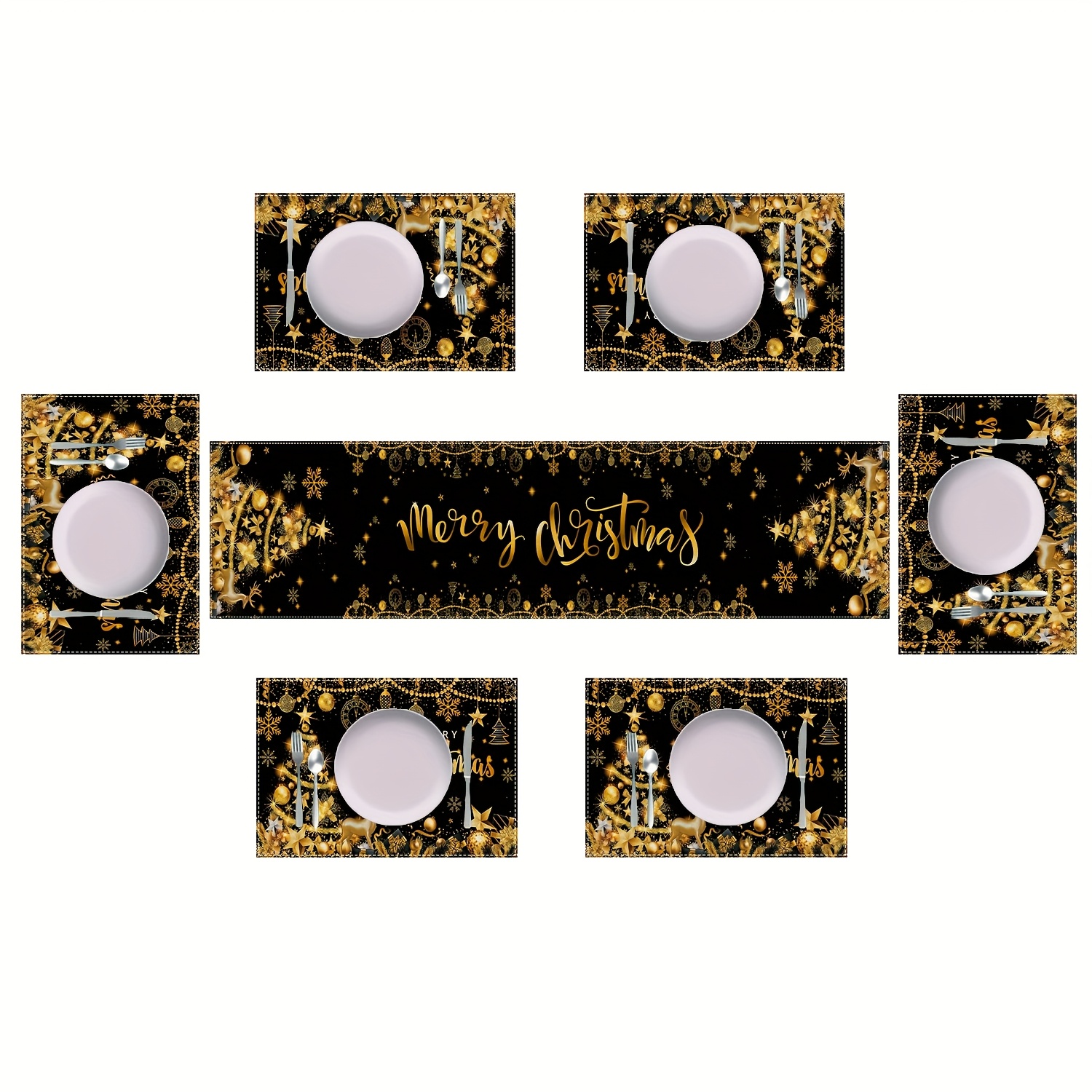 Image of 5/7pcs Merry Christmas Table Runner And Placemats Set, Black And Golden Theme, Golden Christmas , Perfect For Christmas Party Home Decor, Tablecloth Decoration