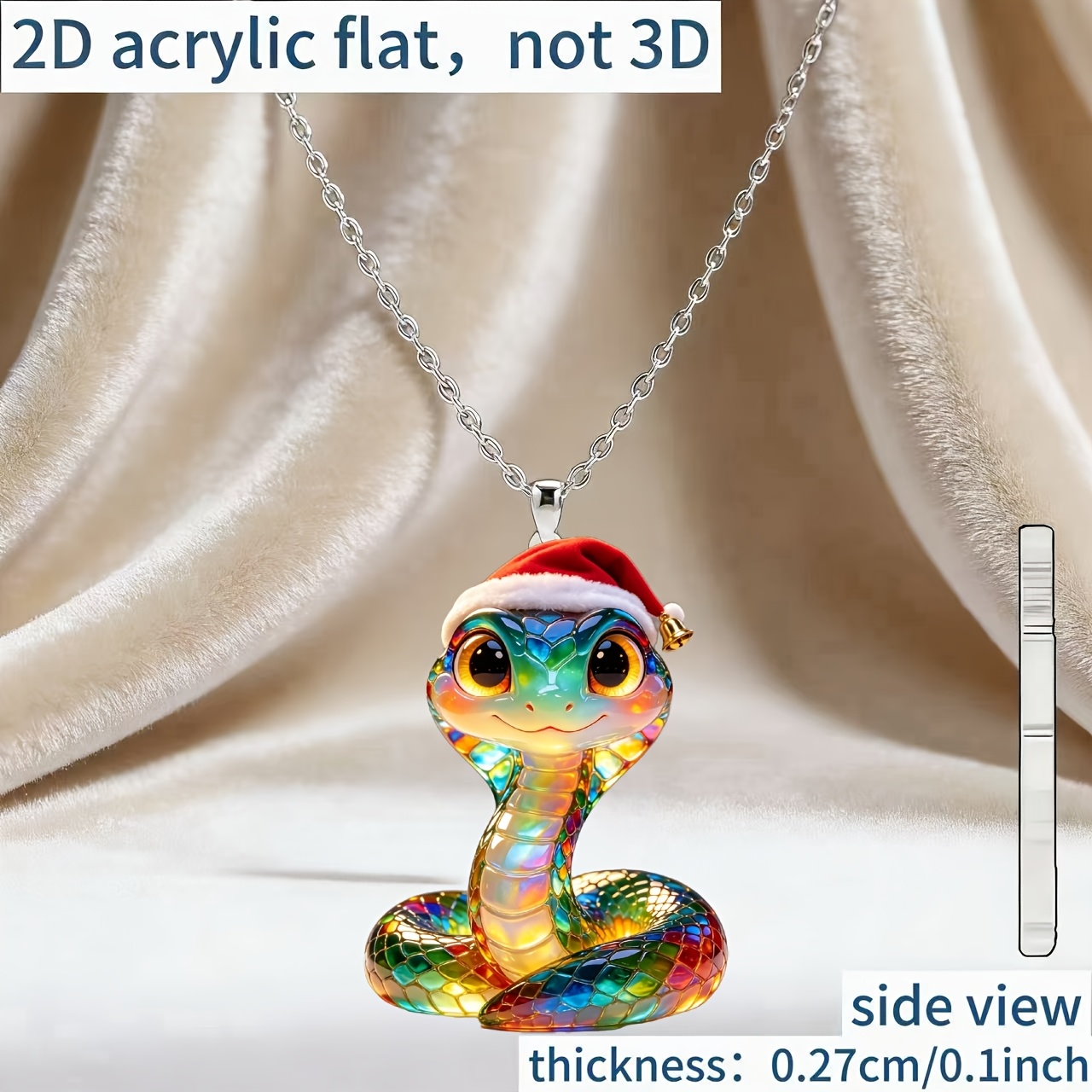 2D Flat Acrylic Snake Santa Hat Necklace, Fun Gift Idea