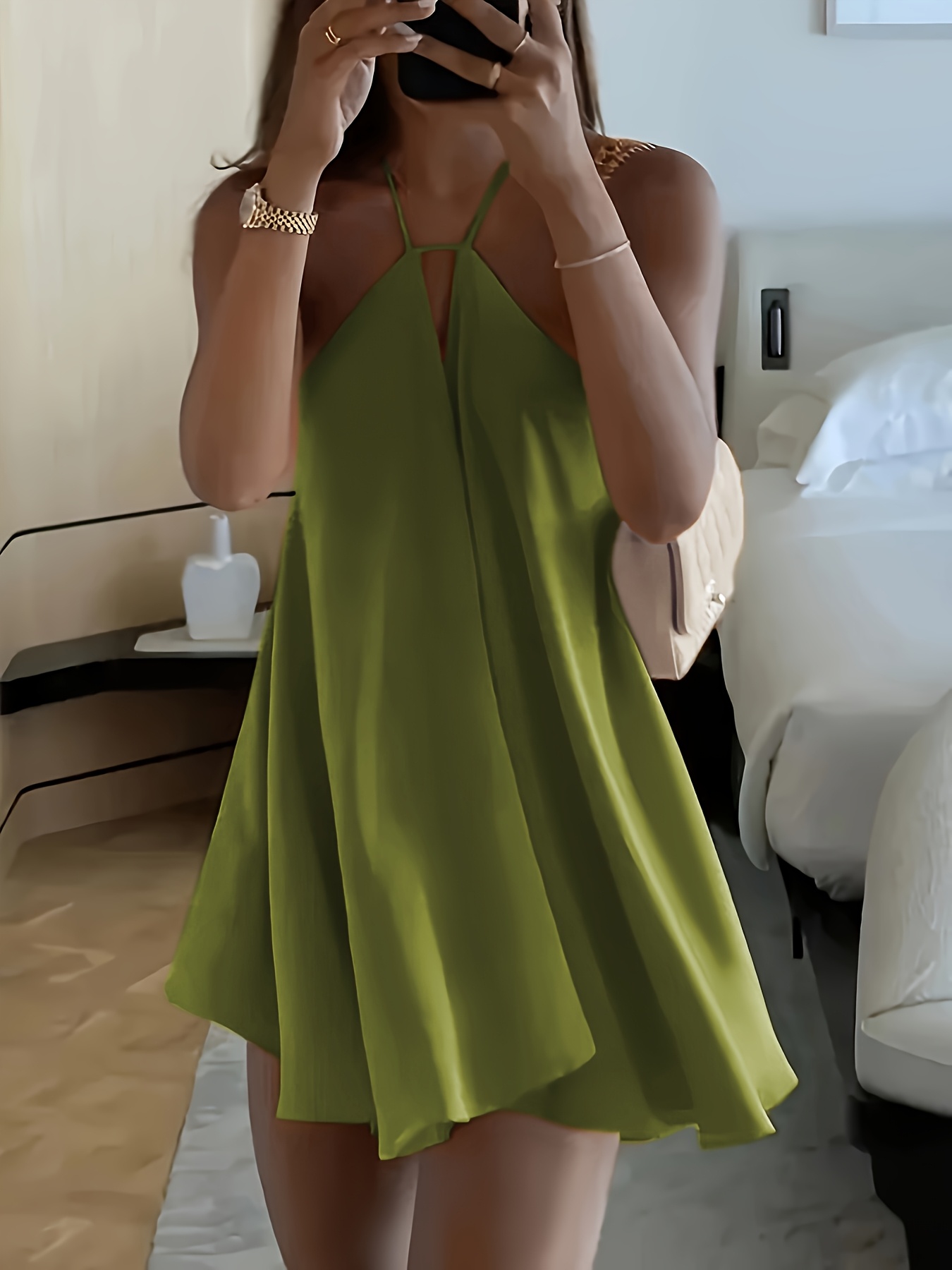 Women's Sexy Backless V-Neck A-Line Dress - Sleeveless, Tie-Back Waist, Flowy Orange Mini Dress for Summer, Beach & Casual Outings