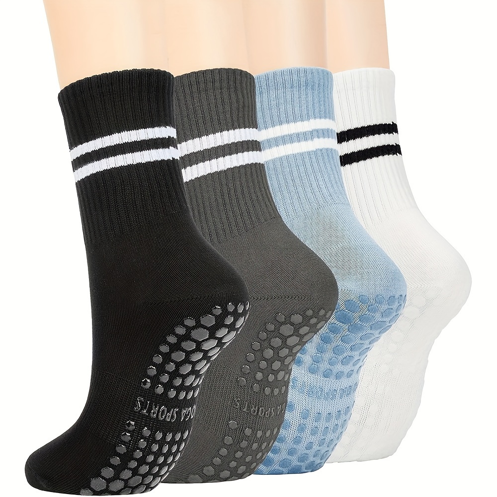 

4/5 Pairs Women's Non-slip Pilates Socks, Cotton Knit Fabric, Striped Yoga & Barre Socks With Grips, Hand Wash Only, Fall/winter Season