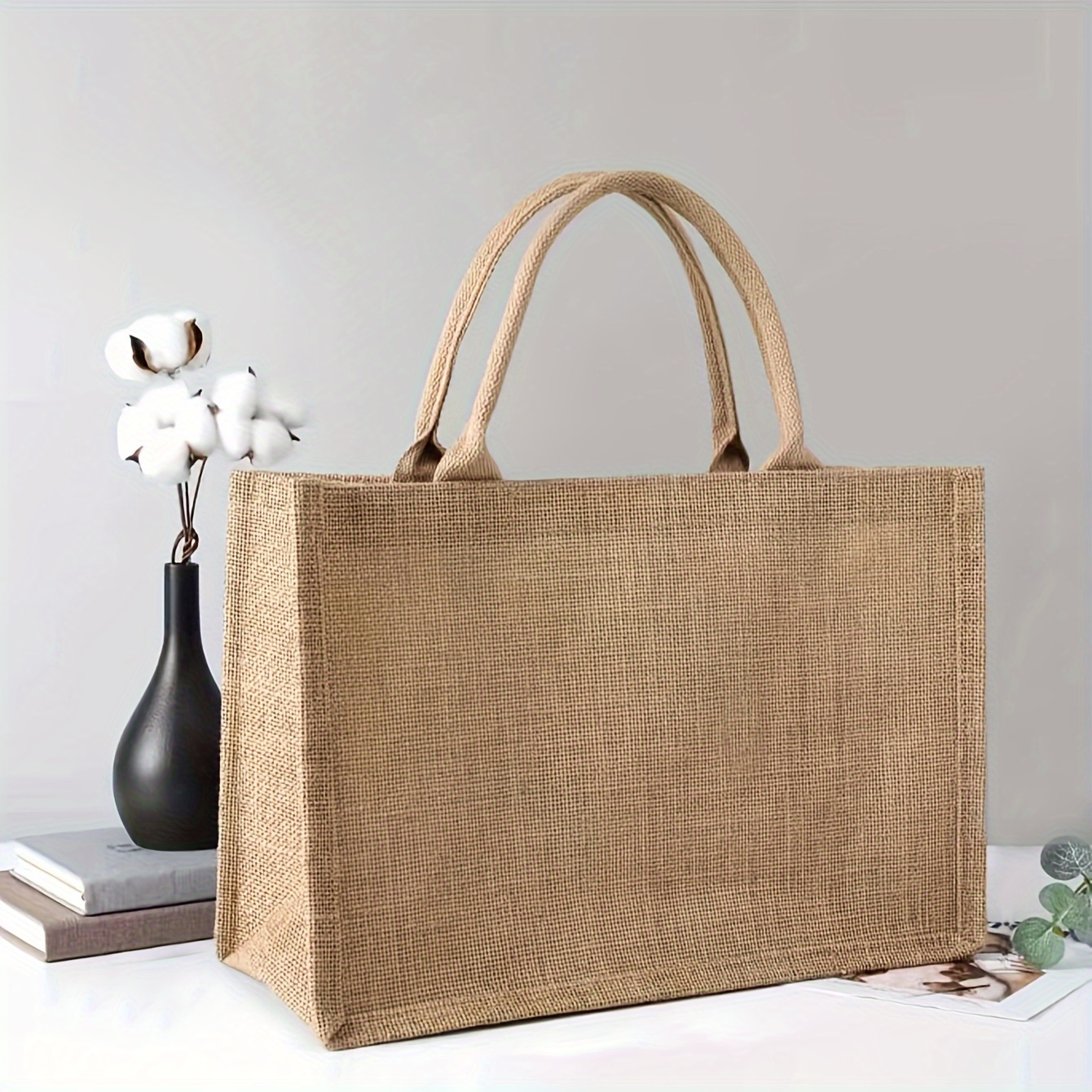 

Minimalist Burlap Tote Bag, Large Capacity Shopping Bag, Vegan Handbag For Diy Beach Travel Commute