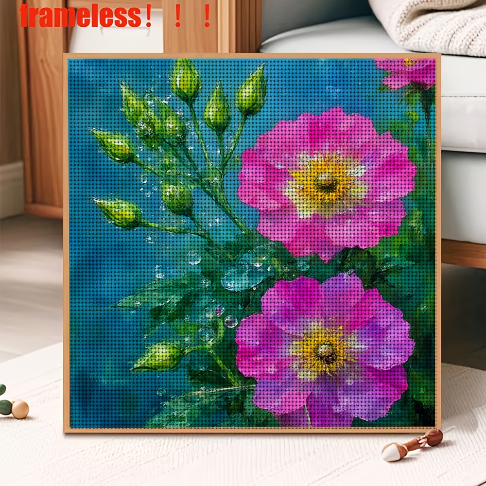 11CT Frameless DIY Cross-Stitch Kit, Pink Flower with Yellow Stamen