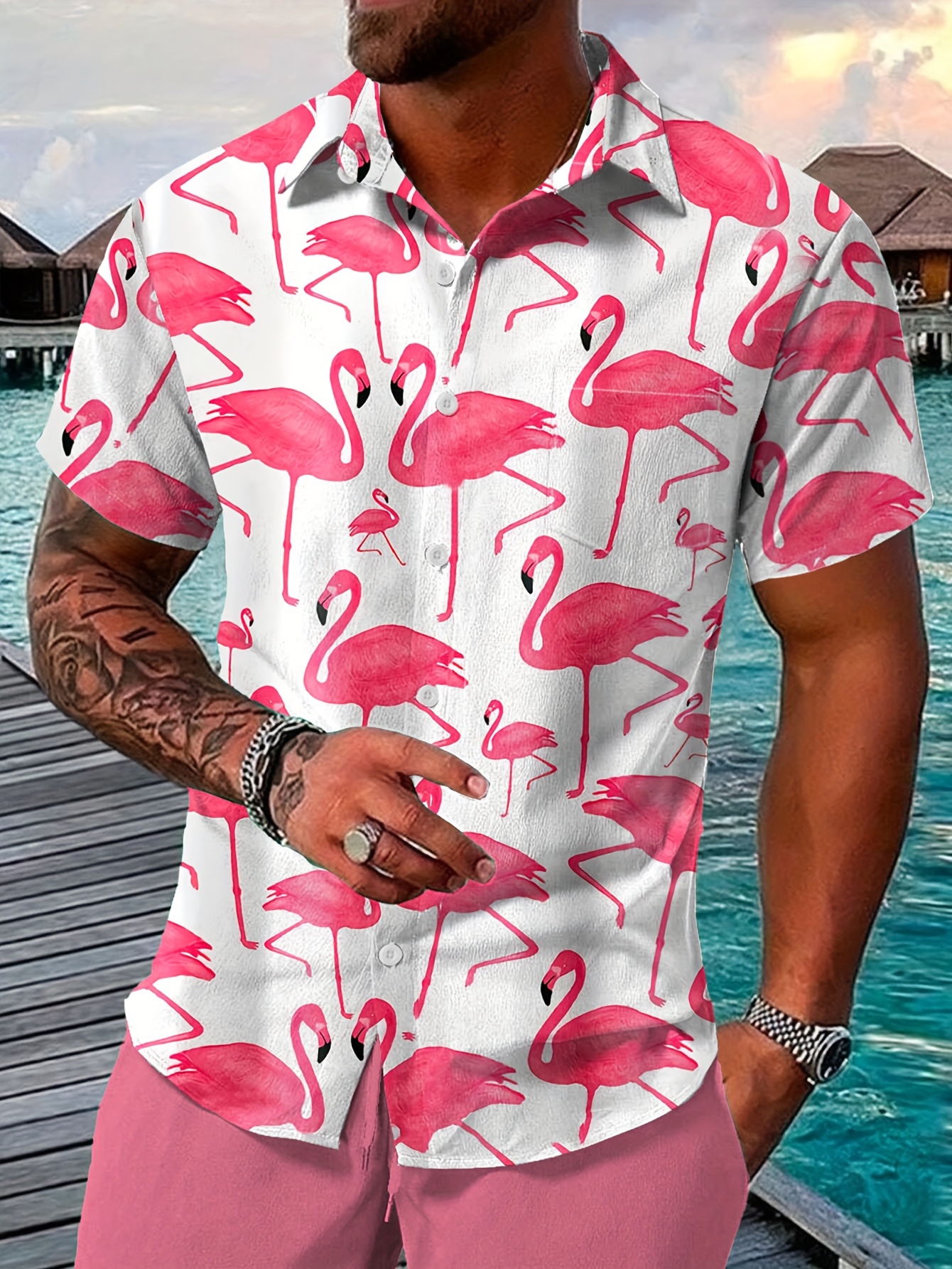 Camisa de talla * para hombre - Estampado de flamenco tropical, blusa con  botones * no elástico, camisa formal y casual * con bolsi, image size:800x1066