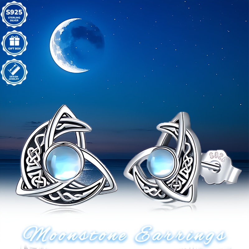 Vintage Boho 925 Silver Celtic Moonstone Earrings Filigree Crescent Moon
