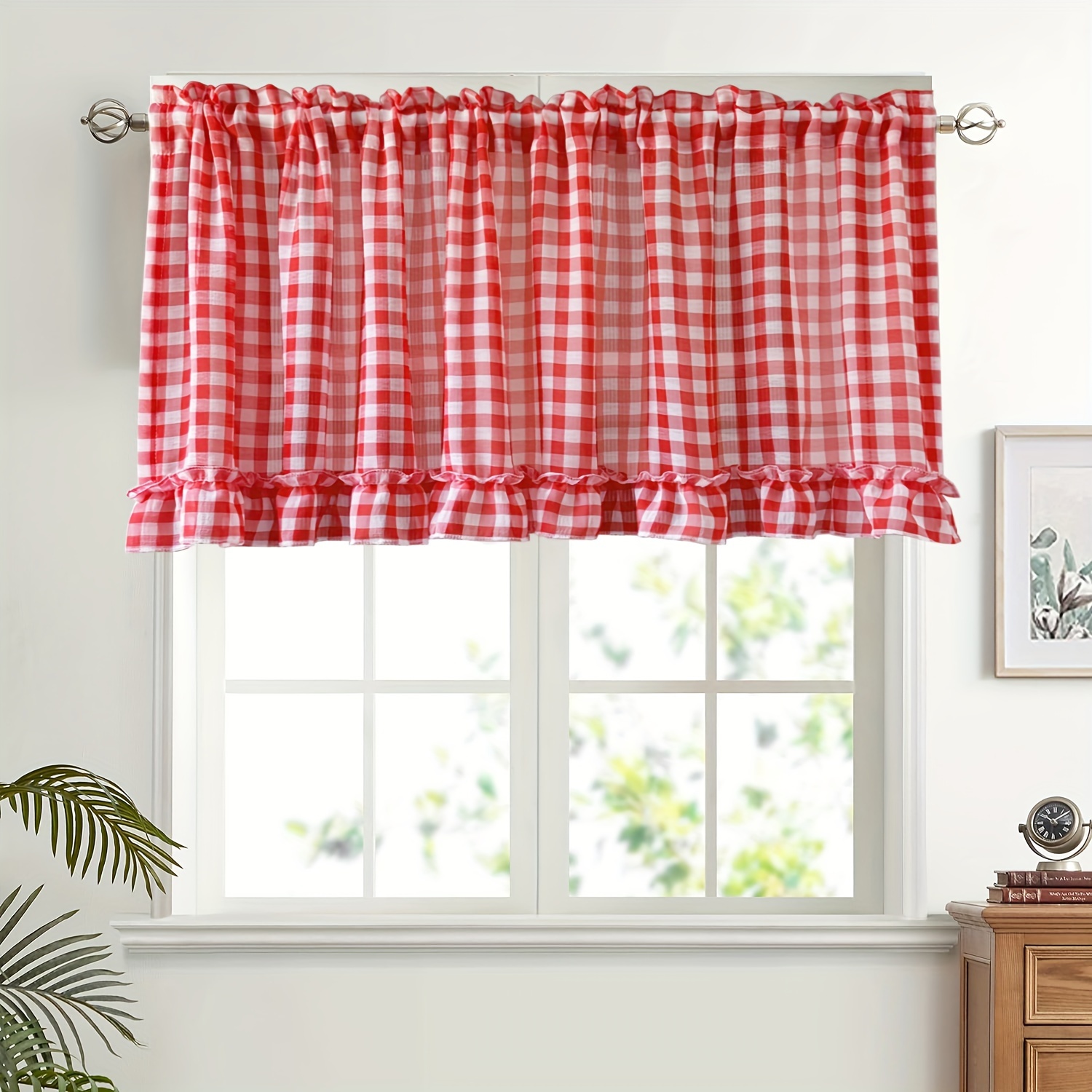 

Classic Red Plaid Ruffle Short Curtain Sheer Voile Valance For Kitchen Windows - Black Ant