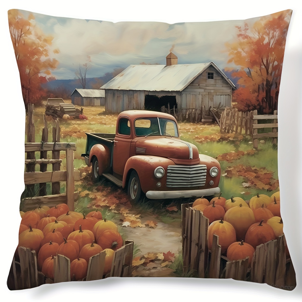 

Autumn Harvest Pillow Cover: Vintage Truck & Pumpkins - 17.7" X 17.7" - Suitable For Sofa, Living Room, Bedroom - Contemporary Style - Hand Wash Only - Zipper Closure - Polyester Fabric