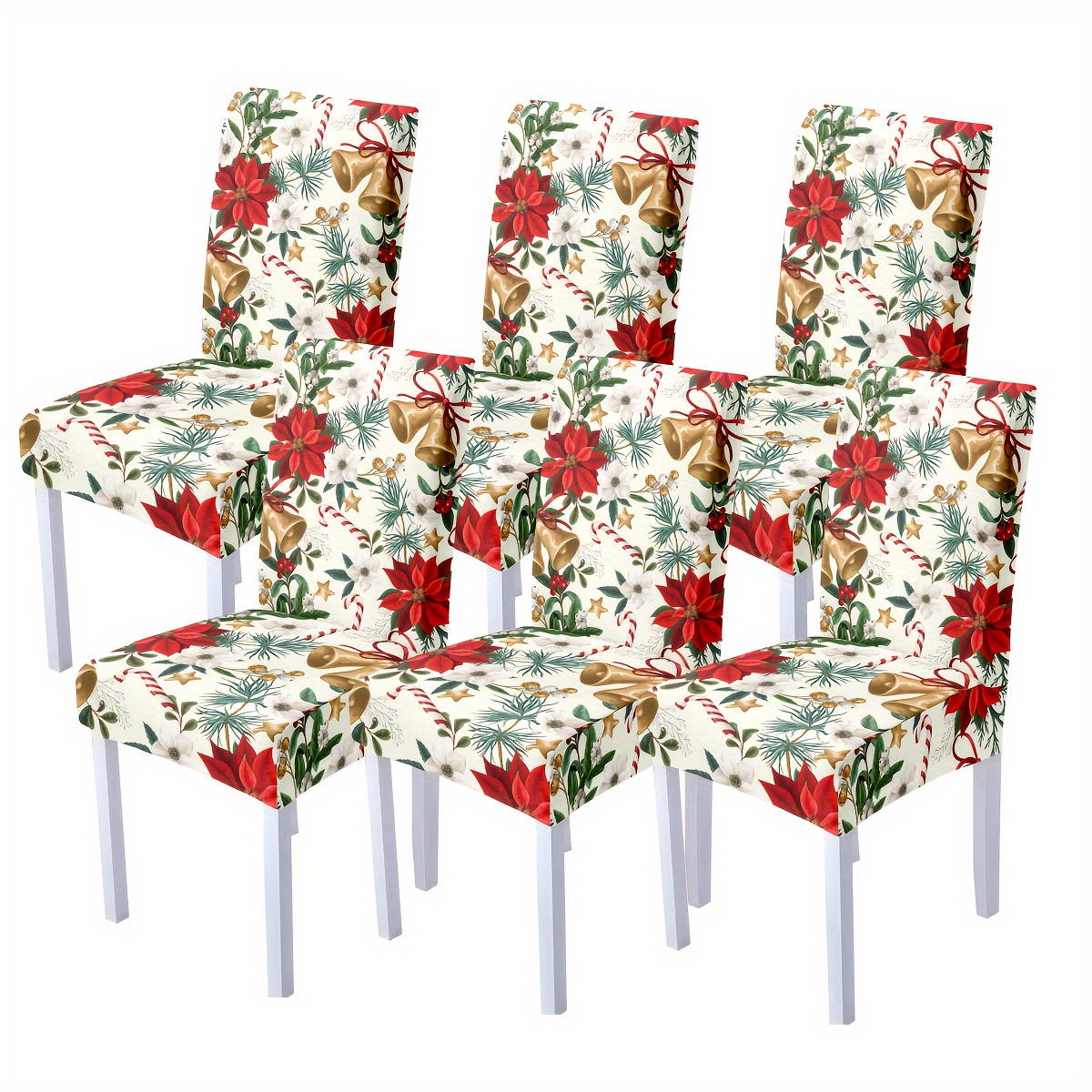 

Festive Christmas Chair Covers - Red Poinsettia & Bell Pattern, Elastic Fit, Removable & Machine Washable - Suitable For Dining Room, Kitchen, Banquet Hall, Bedroom, Office, Living Room Decor