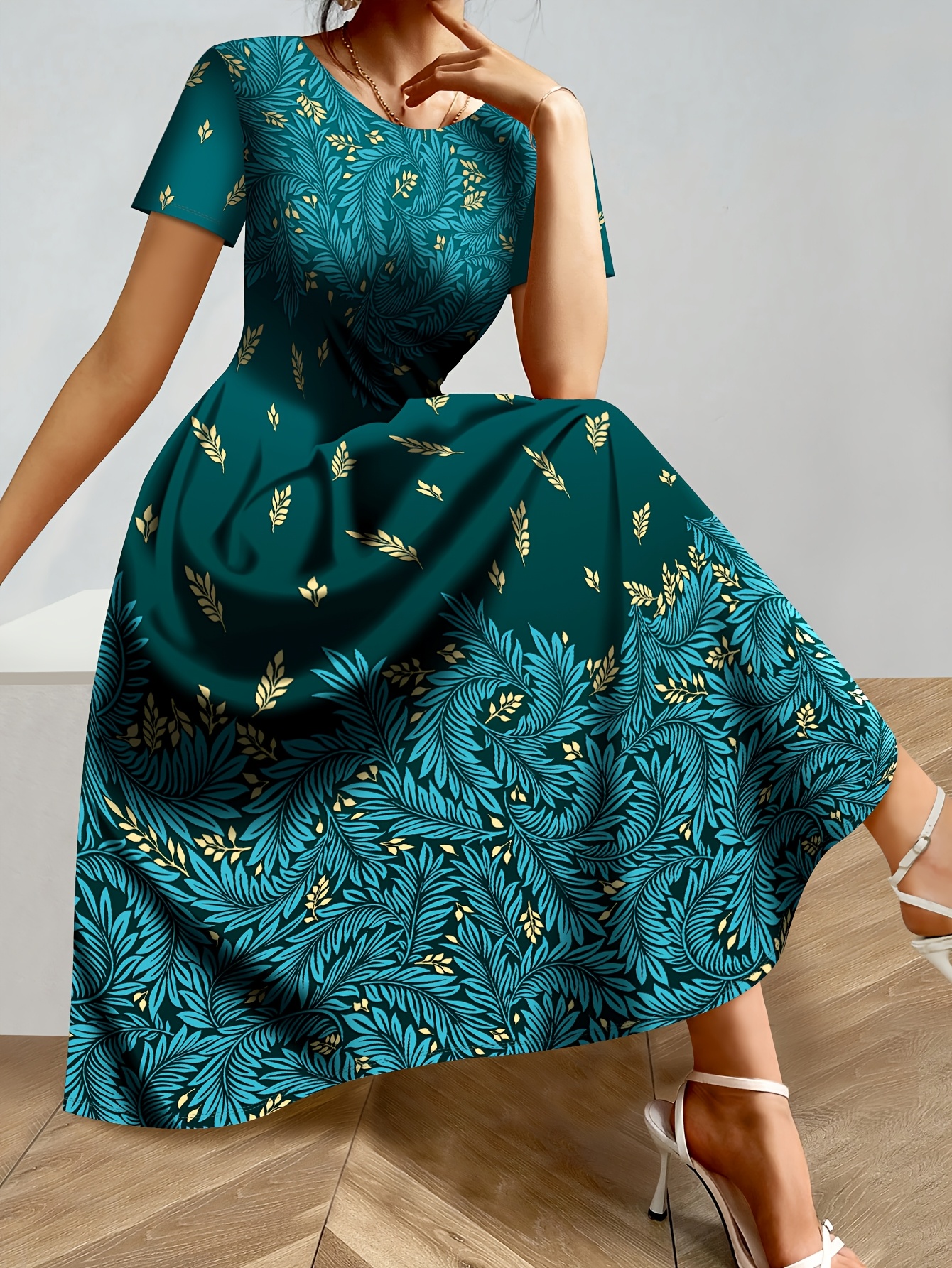 Women's Elegant Tropical Floral Print Dress - Short Sleeve Round Neck  A-Line Flared Skirt womens elegant tropical floral print dress short sleeve - Temu