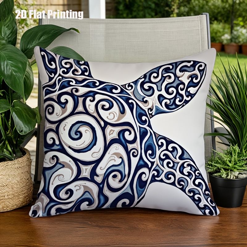 1pc Turtle Print Cushion Cover Suitable for Outdoor Indoor Use, 18x18 Inch Square Pillow Case with Zipper Closure, Blue White Gray Marine-Themed Decorative Cover for Garden Sofa Bed, Machine Washable Turtle Shell, 2D Flat
