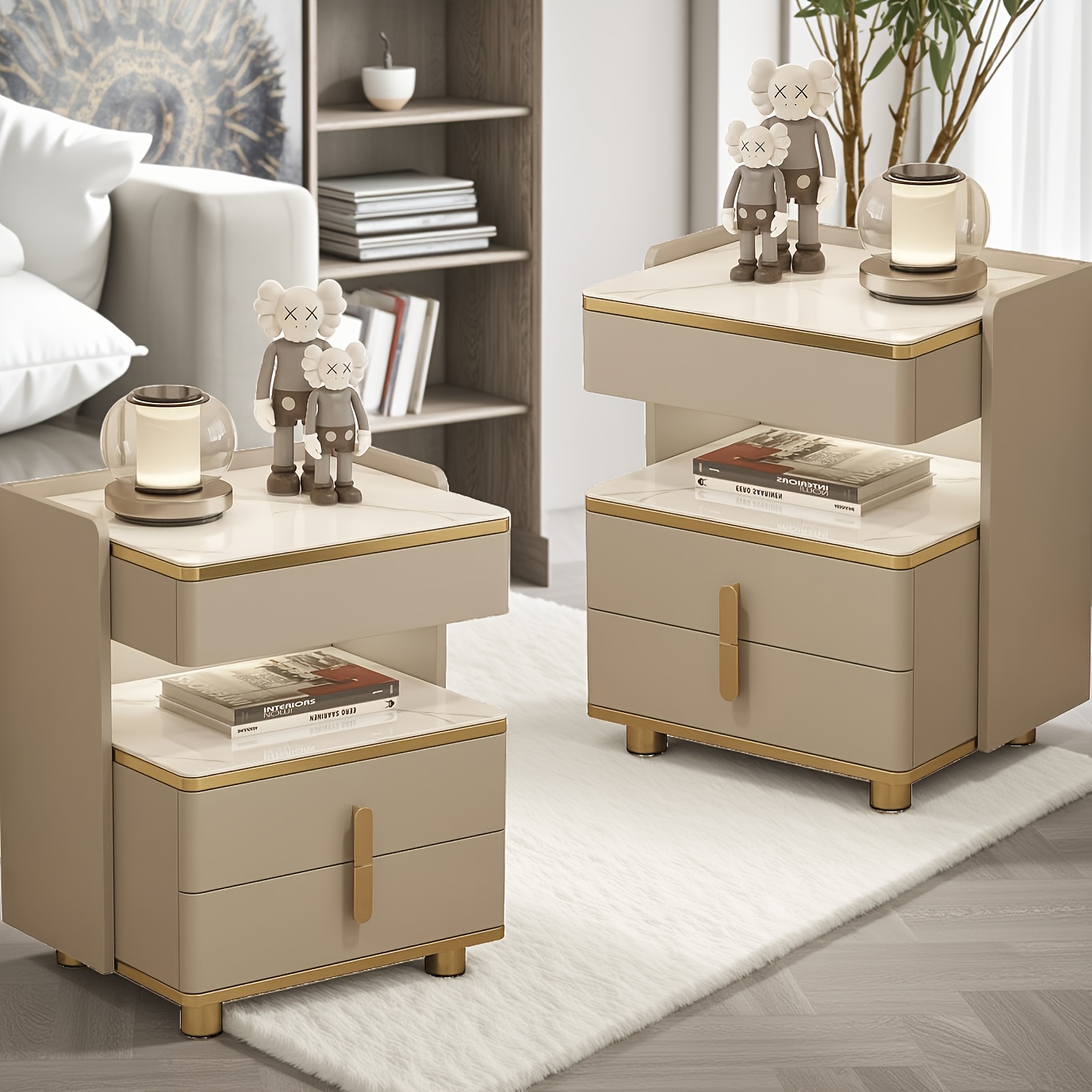 Modern Marble-Top Nightstand with Golden Trim, 3-Drawer Beside Table with Open Shelf, Tempered Glass Countertop, Rounded Corners And Silent Slides for Bedroom, Luxury Minimalist Storage Cabinet 1/2pcs